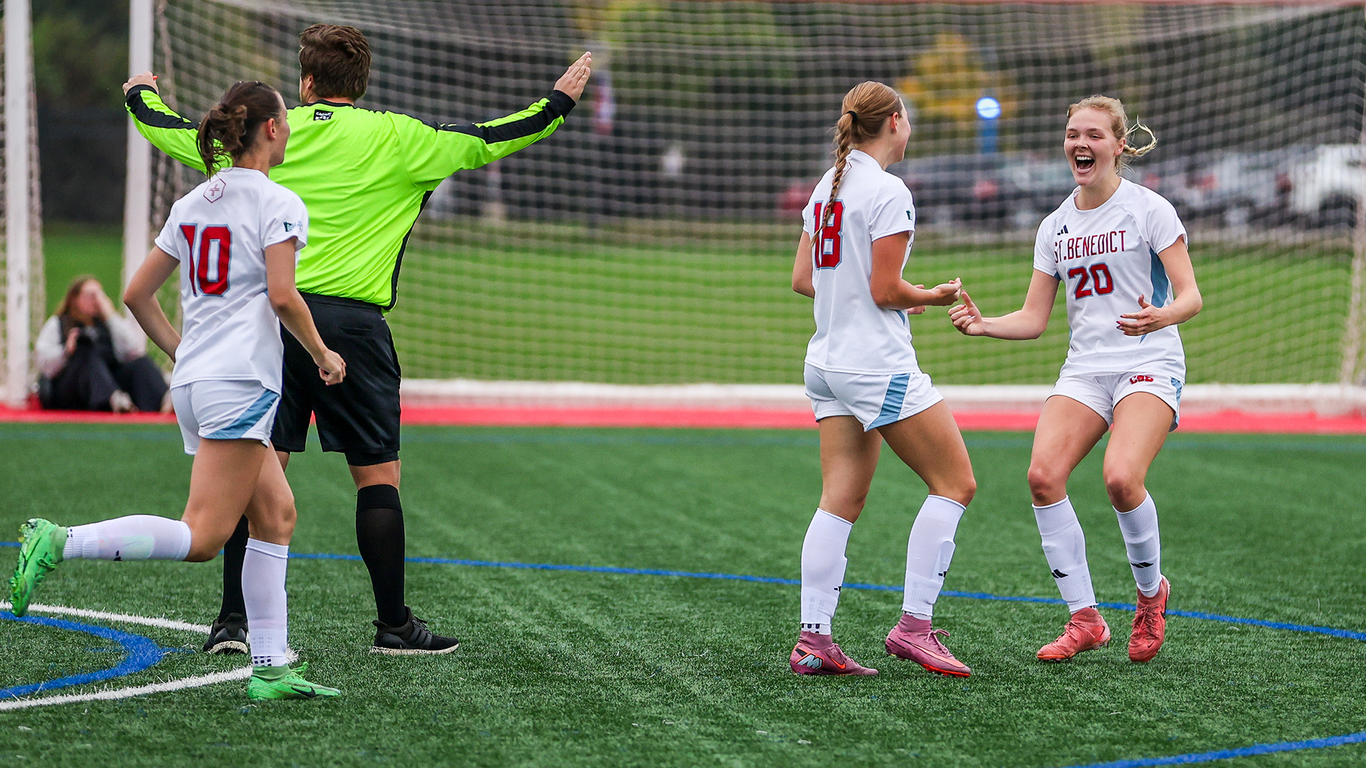 Elly Prairie and Jessica Decowski celebrating a Decowski goal against Saint Mary's 2026