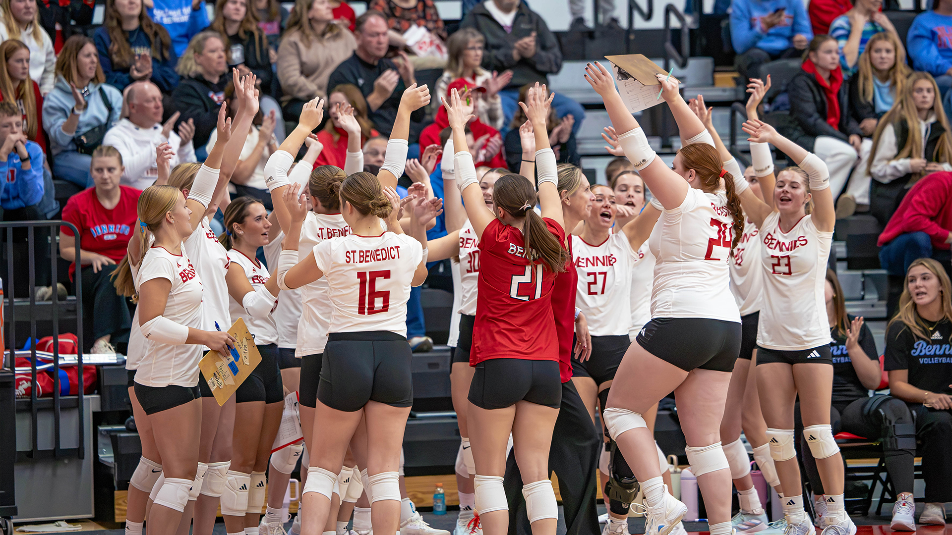 Bennies celebrate a block against Saint Mary's Oct. 17, 2026