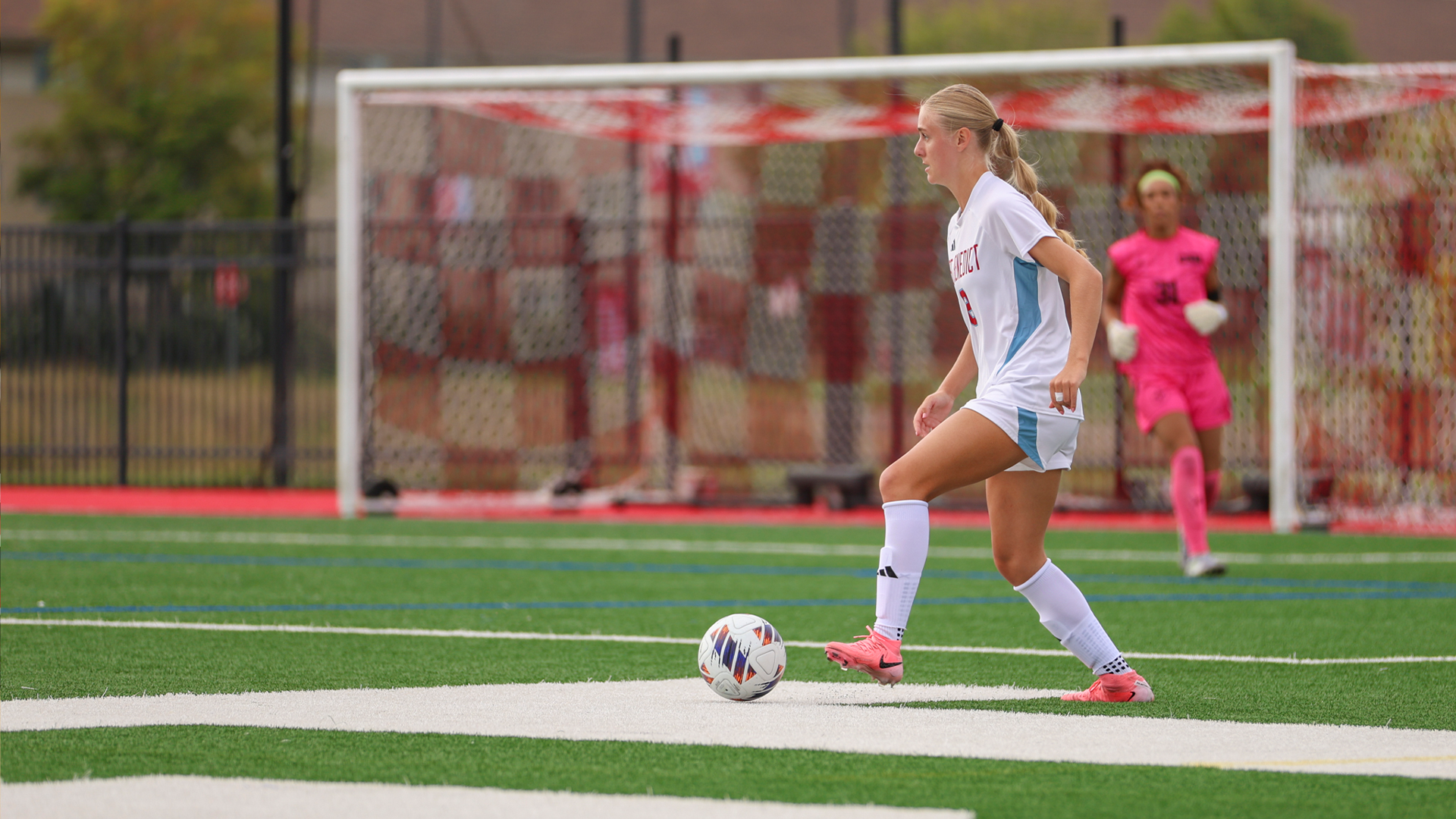 Mia Schellenberg with the ball Sept. 1, 2026 against UW-Eau Claire