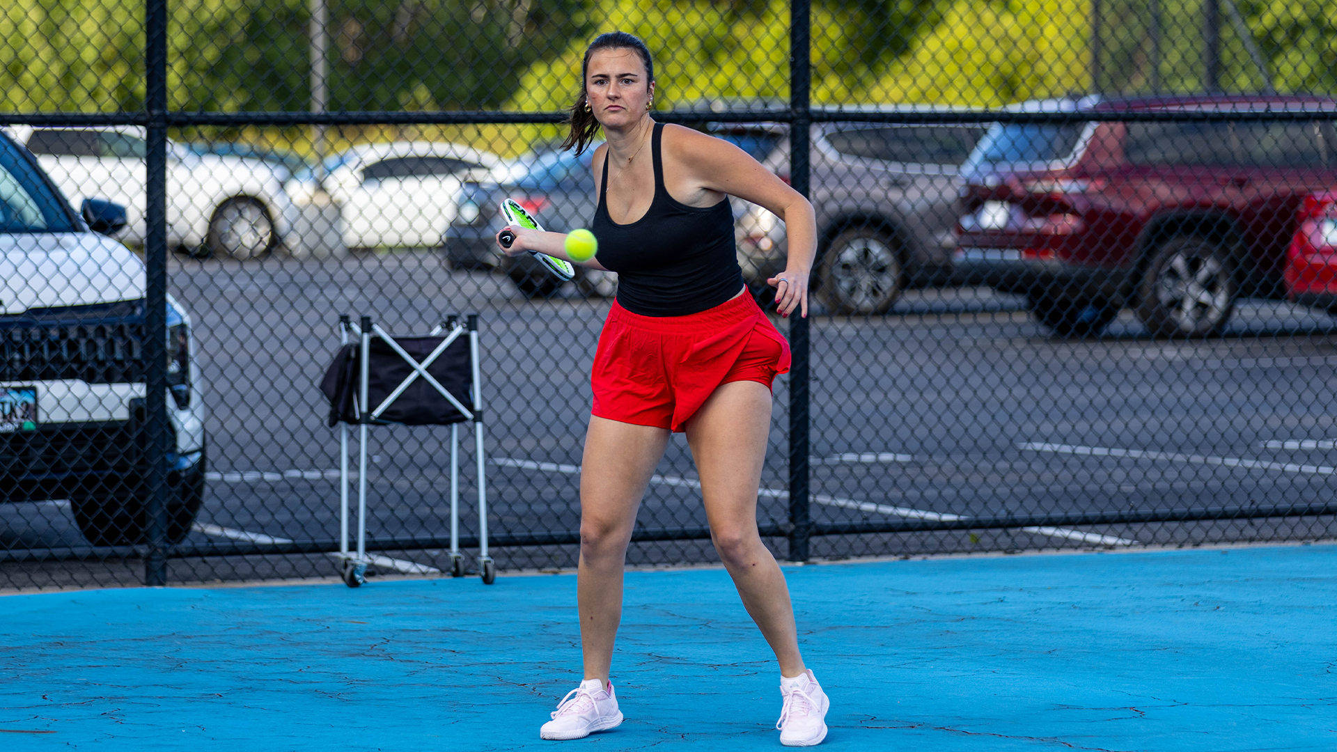 Kate Perbix returning a shot at practice Sept. 21, 2026