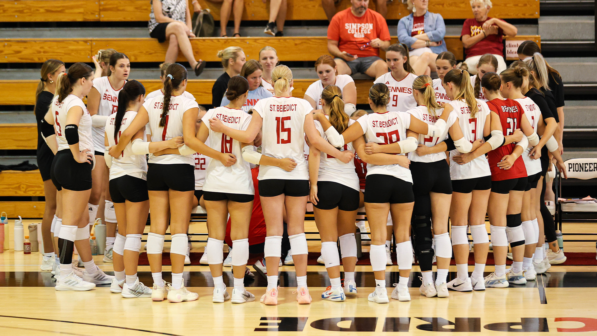 Volleyball huddle at Grinnell Sept. 26, 2026