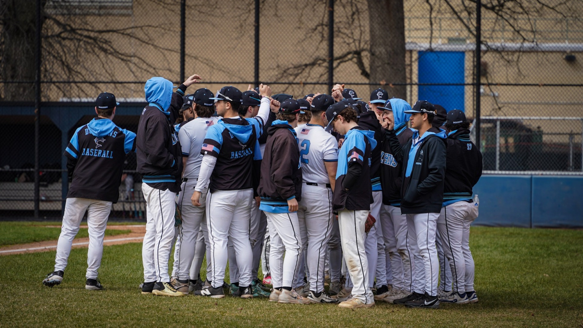 Baseball huddle pregame vs. Queens (2026)