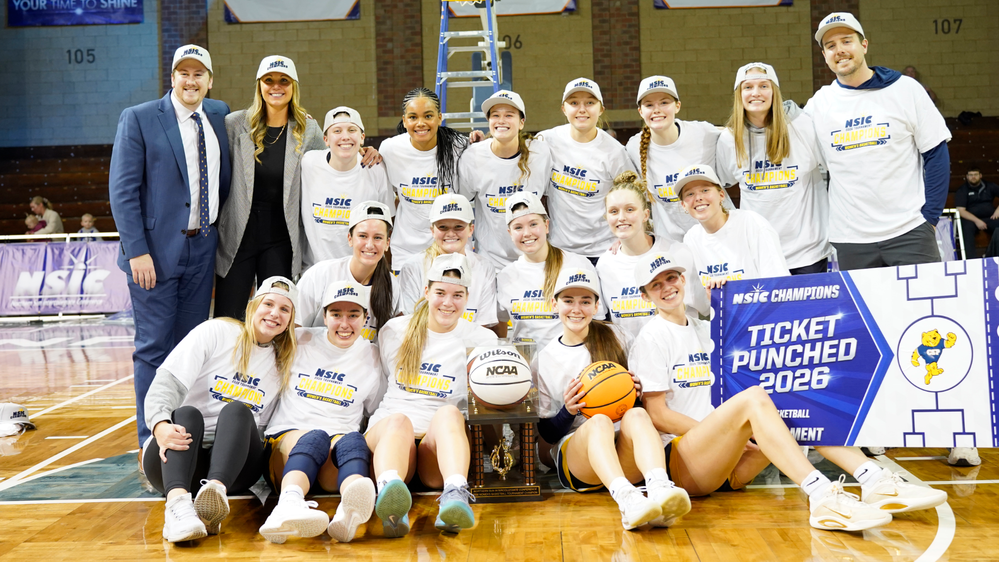 2025-26 NSIC Championship team photo v. MSU