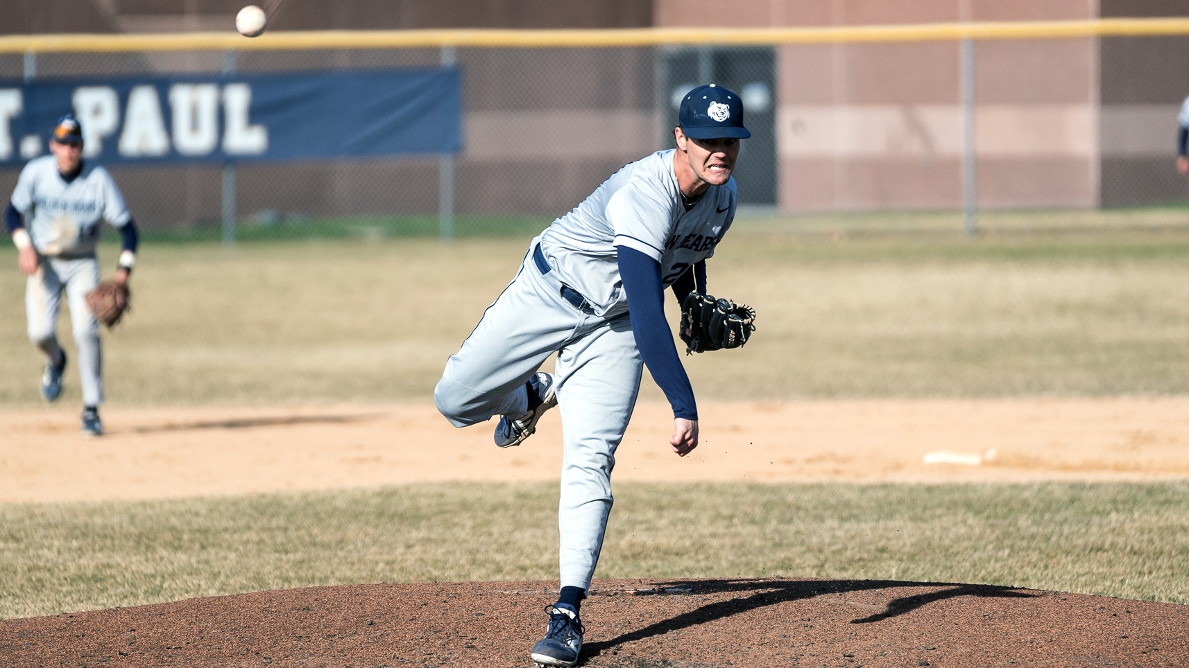 Cole Newell delivers a pitch against Winona State in 2026