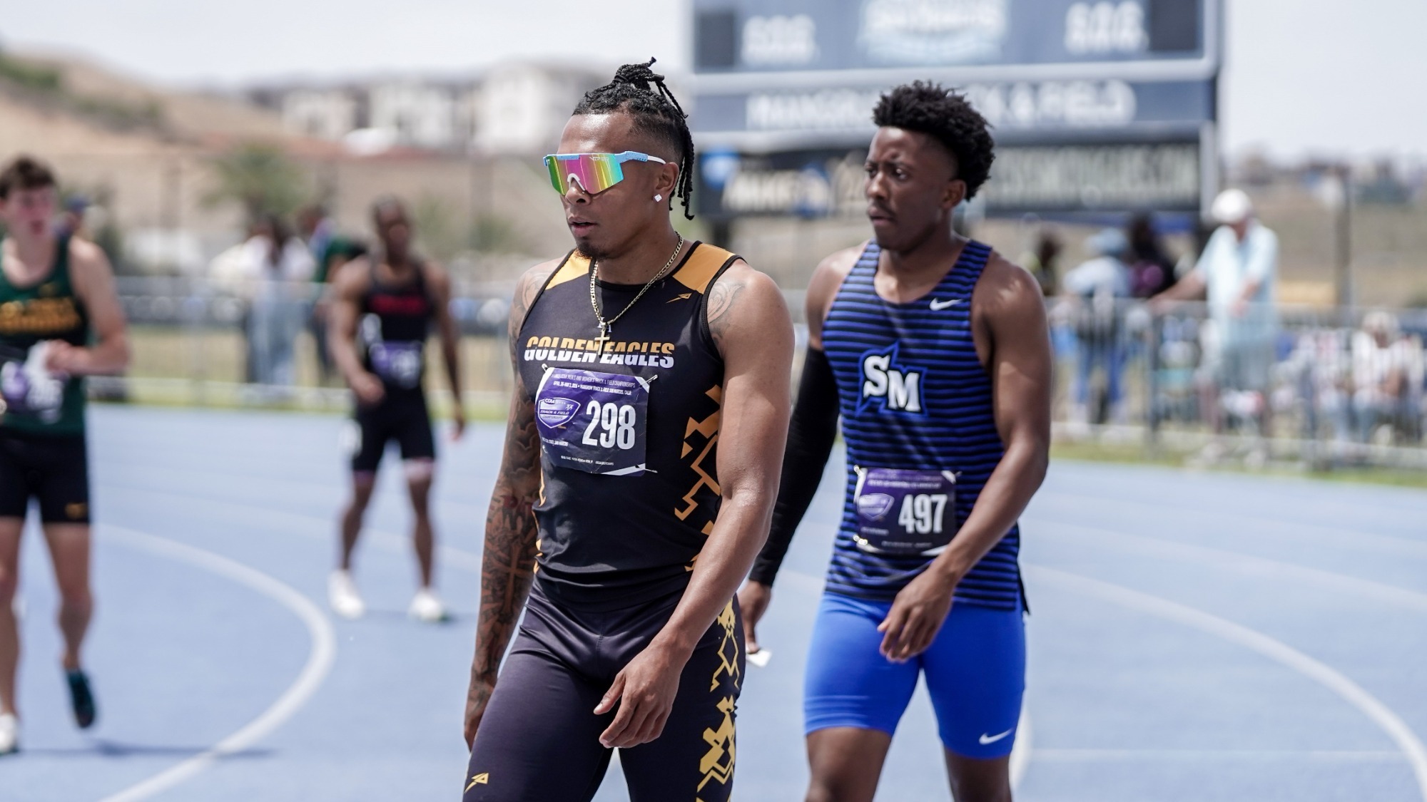 drew hill reacts at the end of a race