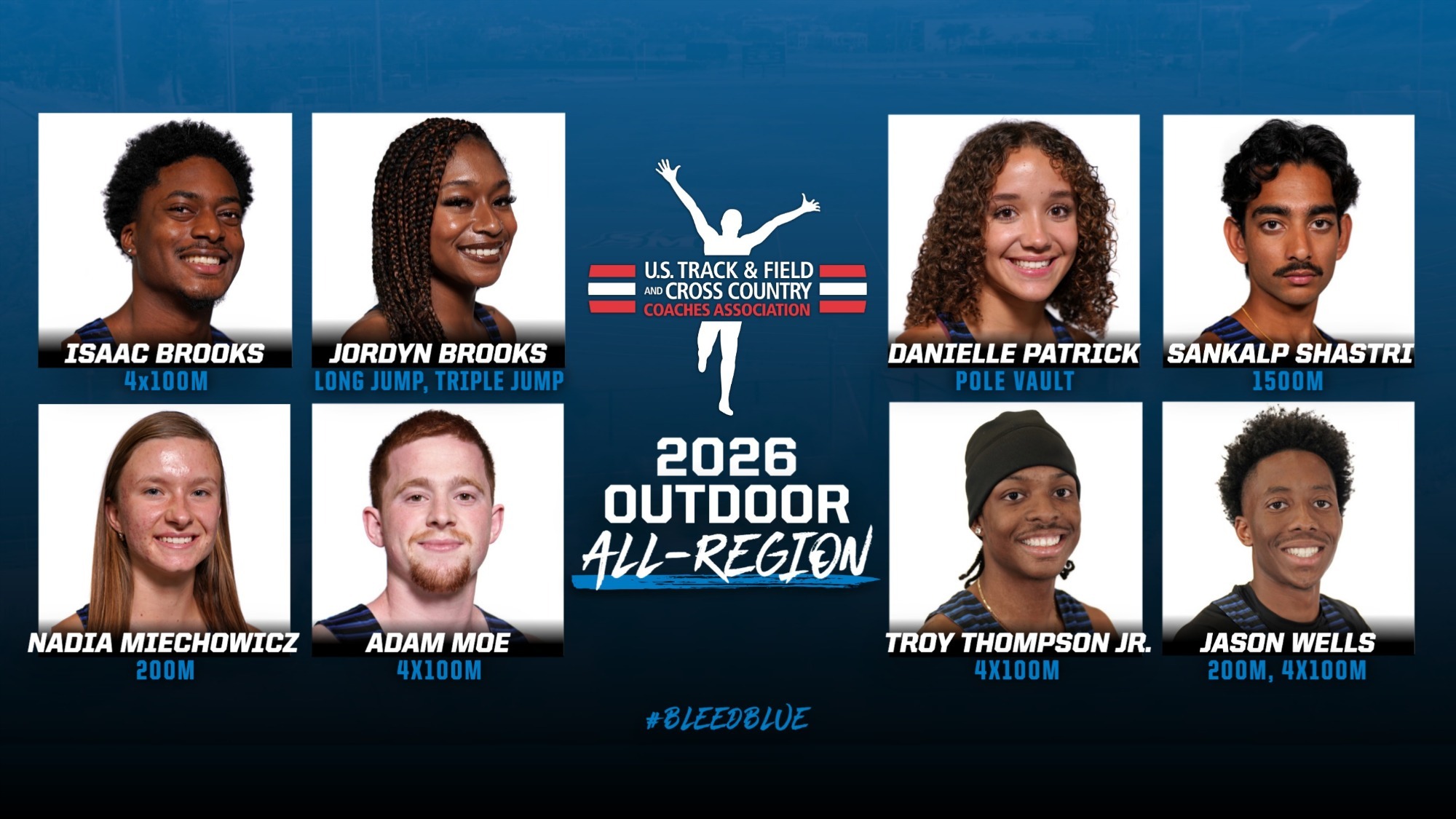 2026 USTFCCCA All-Region: Isaac Brooks, Jordyn Brooks, Nadia Miechowicz, Adam Moe, Danielle Patrick, Sankalp Shastri, Troy Thompson Jr., Jason Wells