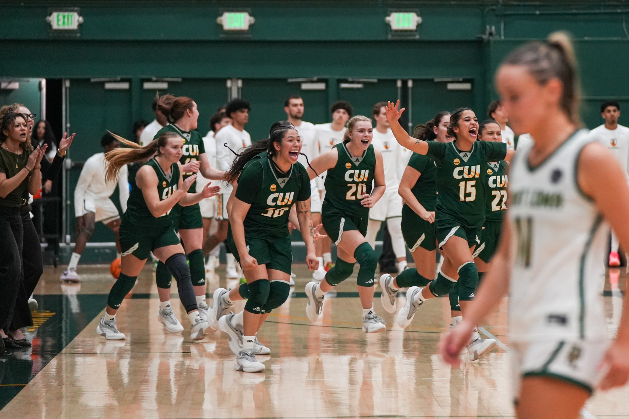 CUI WBB bench ecstatic after beating Point Loma Feb 2026 to clinch PacWest Tourney spot
