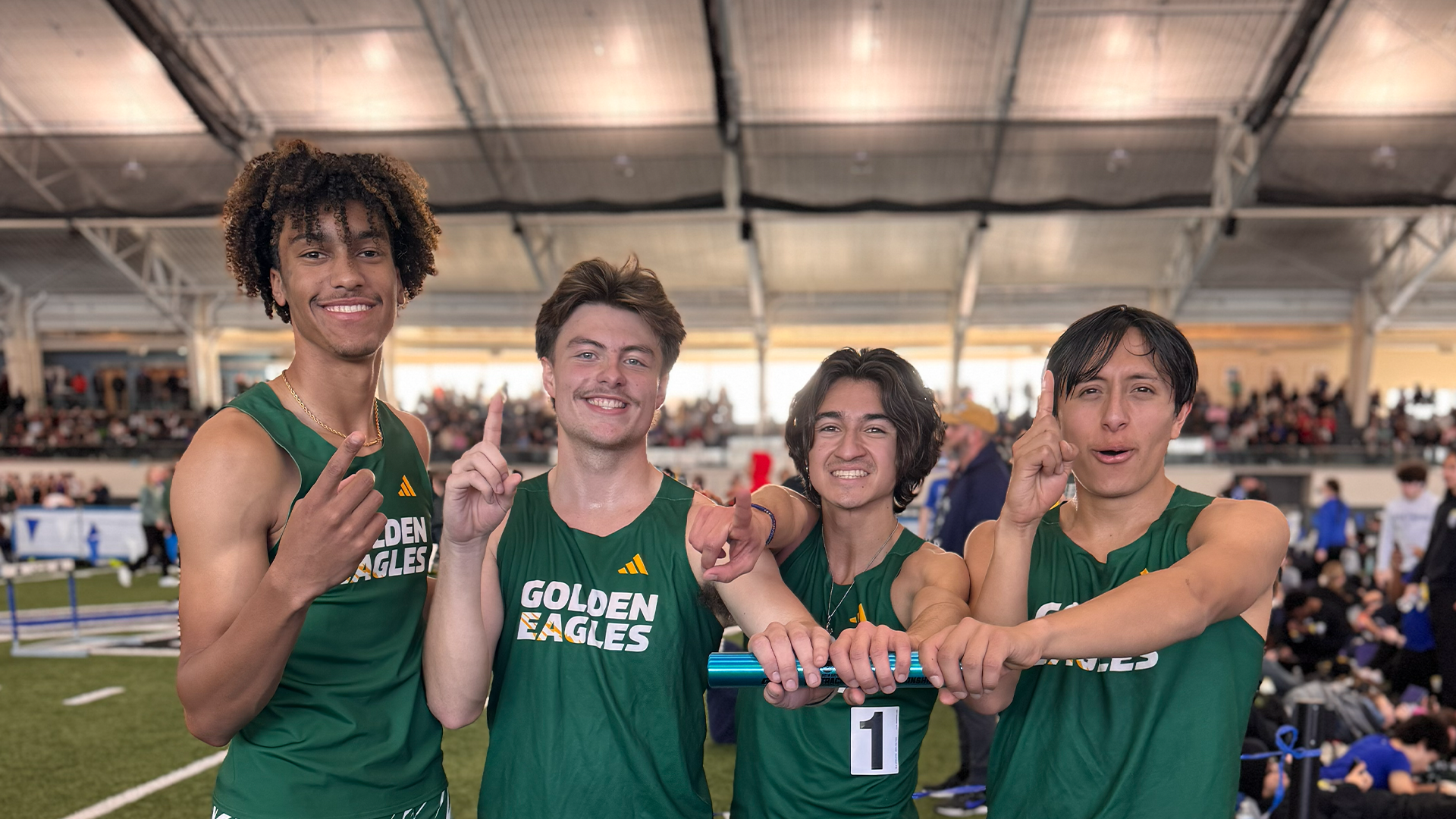 Andrew Driver Logan Jones Noah Plaza Moises Benito DMR School Record Feb 2026 at GVSU Big Meet
