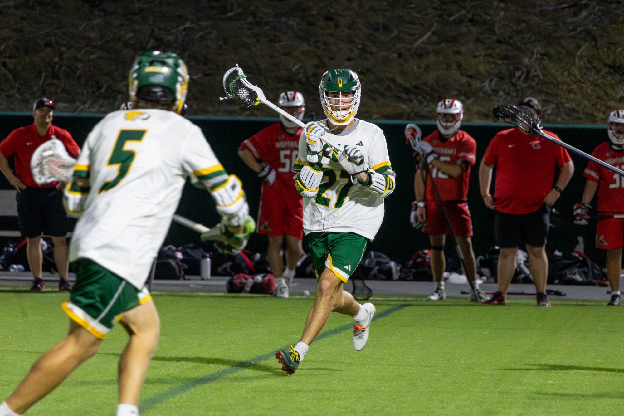 MLAX Matt Carresi passing to fellow senior Max Texter