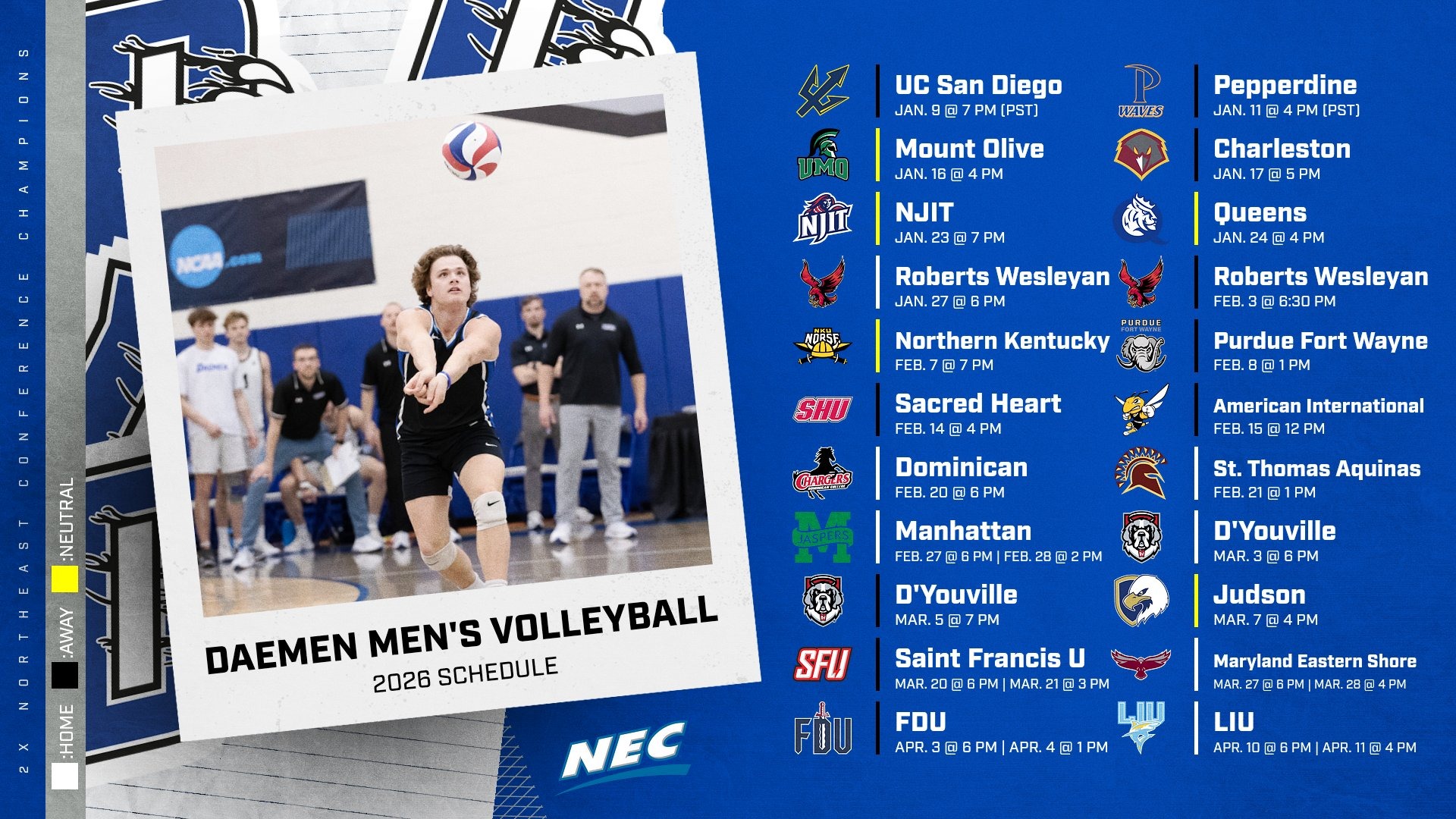 A graphically designed image with an inset action photo of Kyle Zelasko and a full listing of Daemen's 27-match men's volleyball schedule for the 2026 season