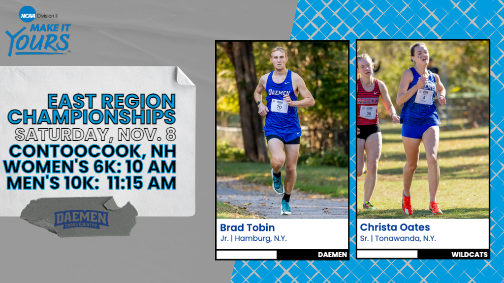 Graphically designed image showing Daemen runners Brad Tobin & Christa Oates to promote the East Region Championships on Nov. 8, 2025