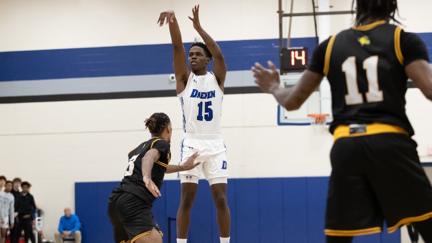Jaiden Harrison follows through on a three-point attempt from the top of the key vs. Felician