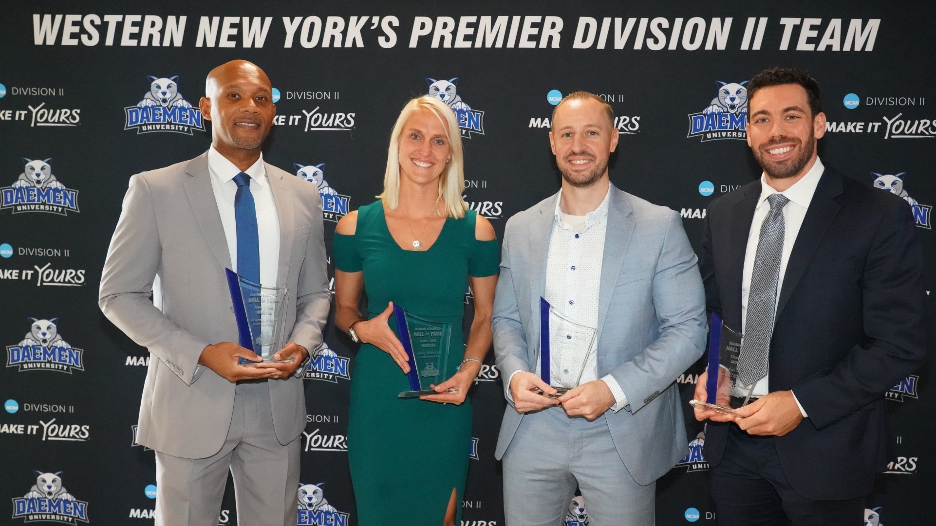 The Daemen Athletics 2025 Hall of Fame Class, from left: Kharmen Wingard, Lindsay Clark, Casey Sheehan, Kyle Clifford
