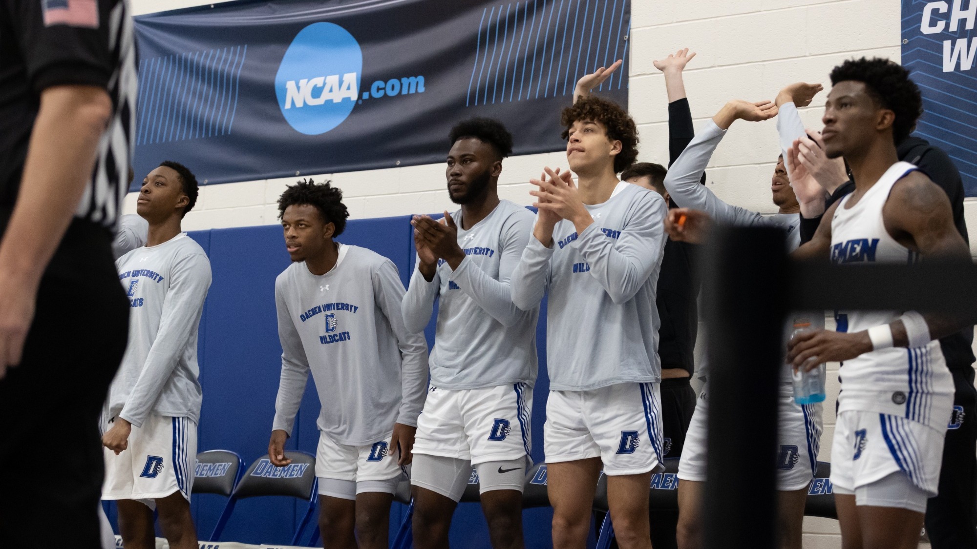 The Daemen men's basketball bench applauds a play by their teammates on the court