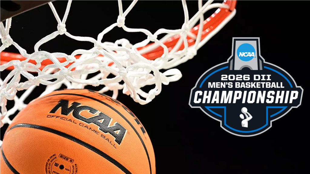 Basketball swishing through the net with a graphic design placed logo for the 2026 NCAA Division II Men's Basketball Championship