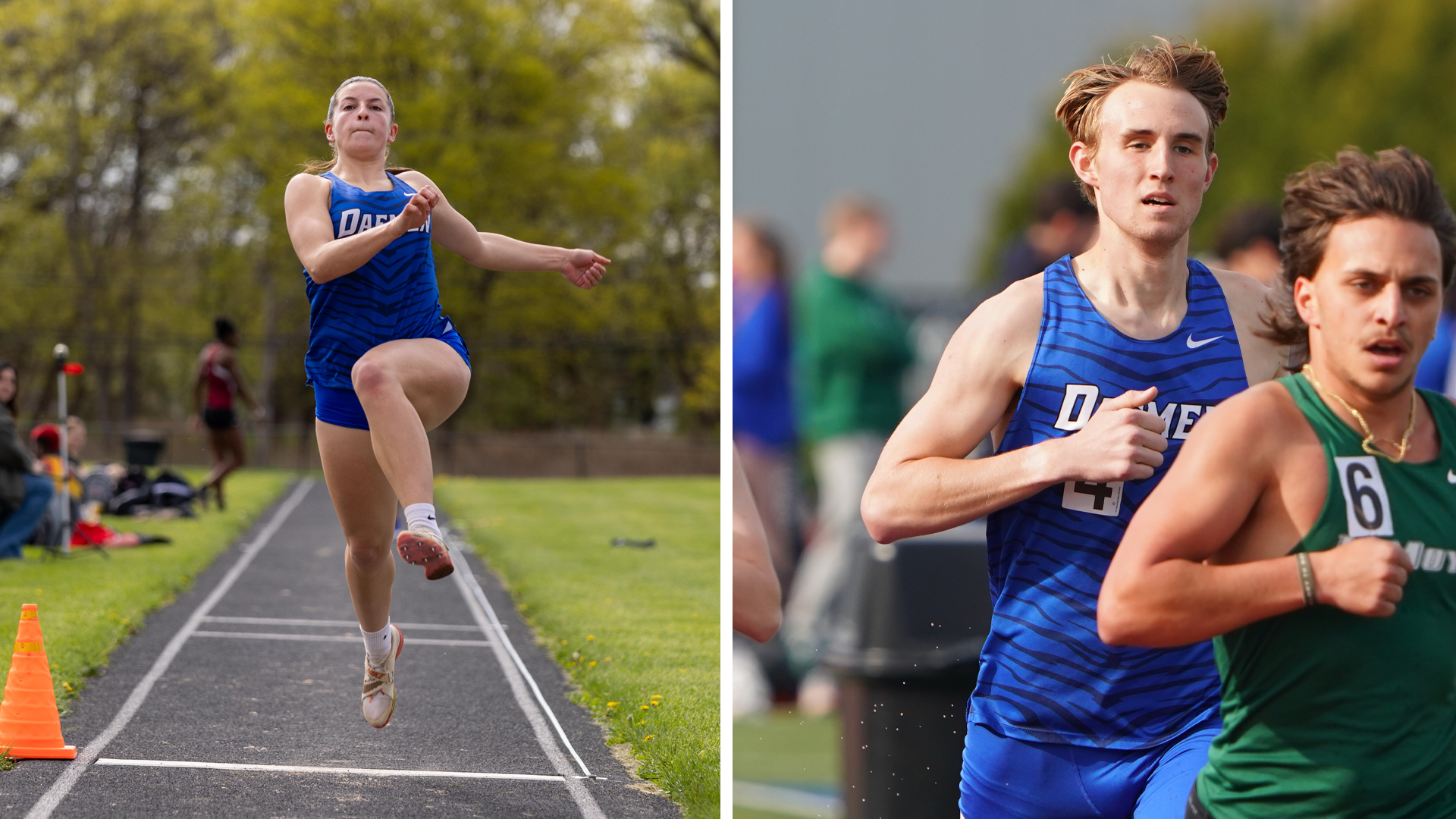 Becca Schultz jumps and Brad Tobin runs