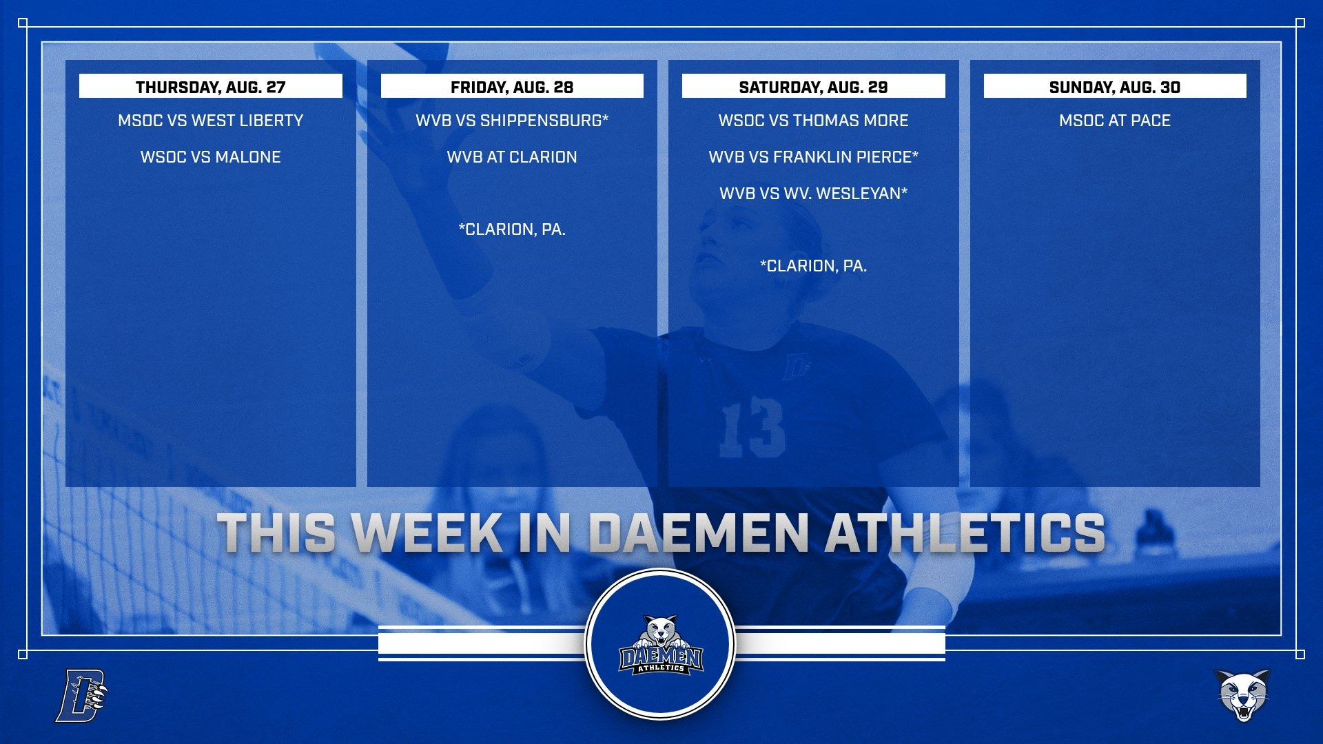This week in Daemen Athletics graphic Aug. 24-30 2026
