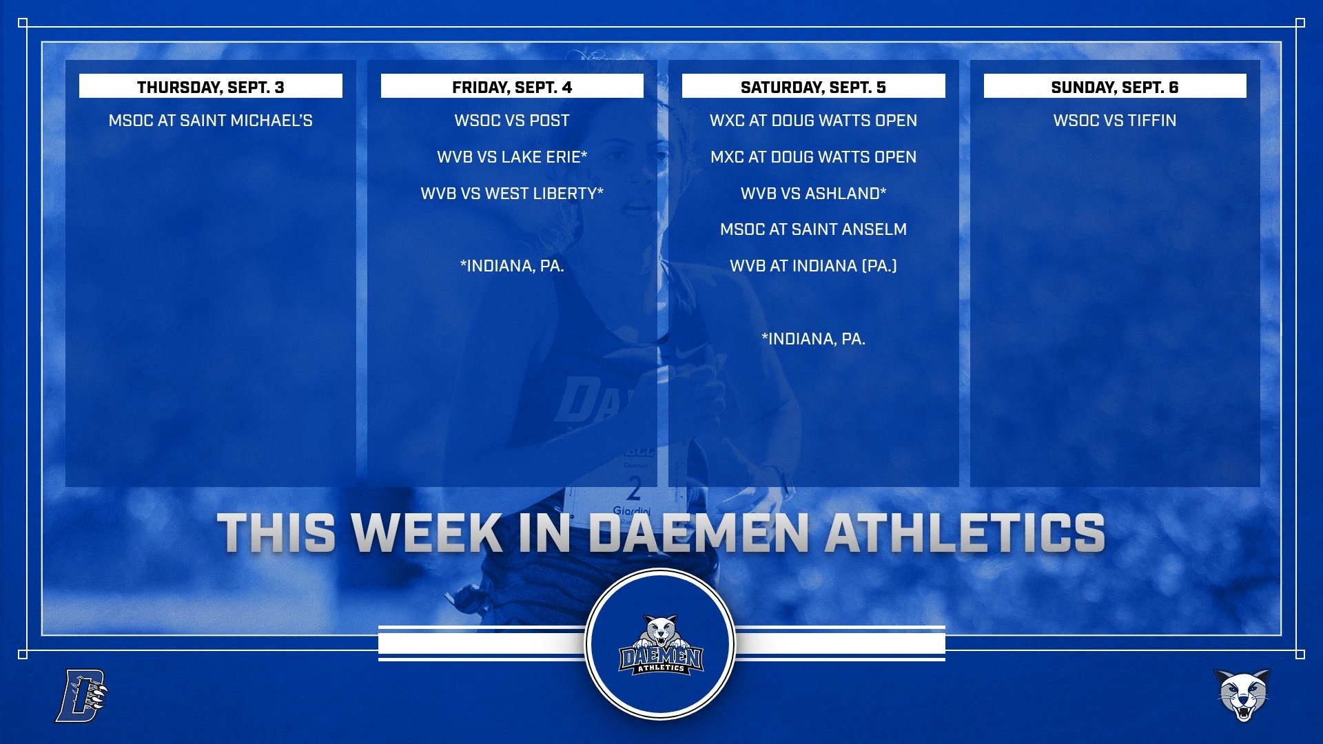 This Week in Daemen Athletics Graphic Aug 31. Sept 7 2026
