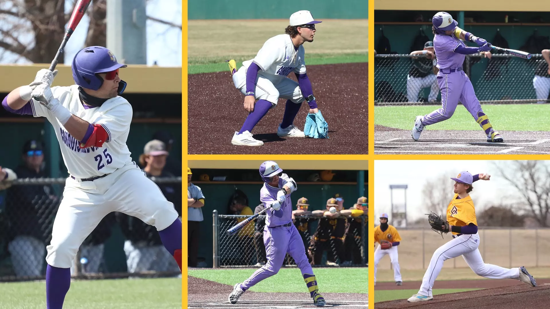 Dodge City CC baseball players - Ben Longoria (left), Will Soto (top middle), Angel Vazquez (top right), Preston Harrison (bottom middle), & Cameron Stewart (bottom right) earned KJCCC All-Conference honors