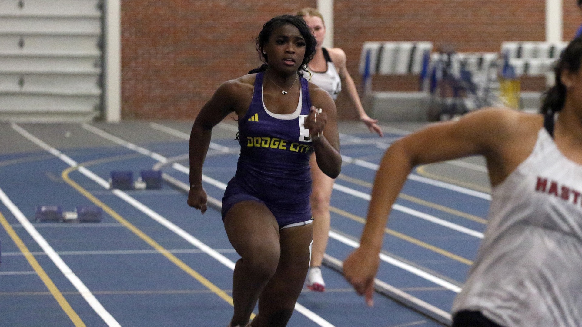 Dodge City CC track and field athlete, Zyria Thompson raced in the 100 and 200-meter dashes at the Shocker Open in Wichita
