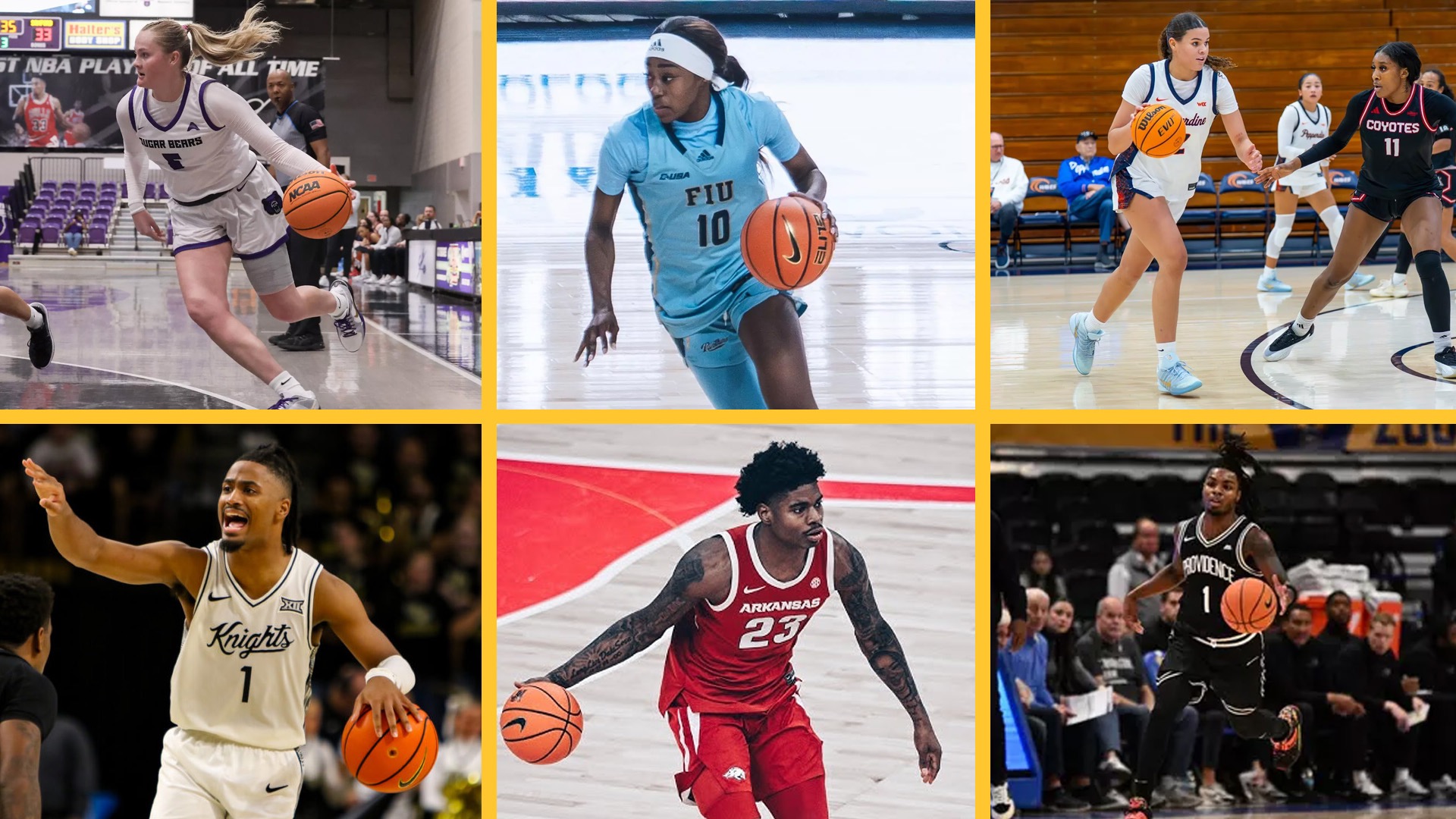 Former Dodge City CC Basketball Players - (Top row) Bree Stephens (Central Arkansas), Parris Atkins (FIU), & Shorna Preston (Pepperdine) (Bottom row) Themus Fulks (UCF), Nick Pringle (Arkansas), & Jason Edwards (Providence)
