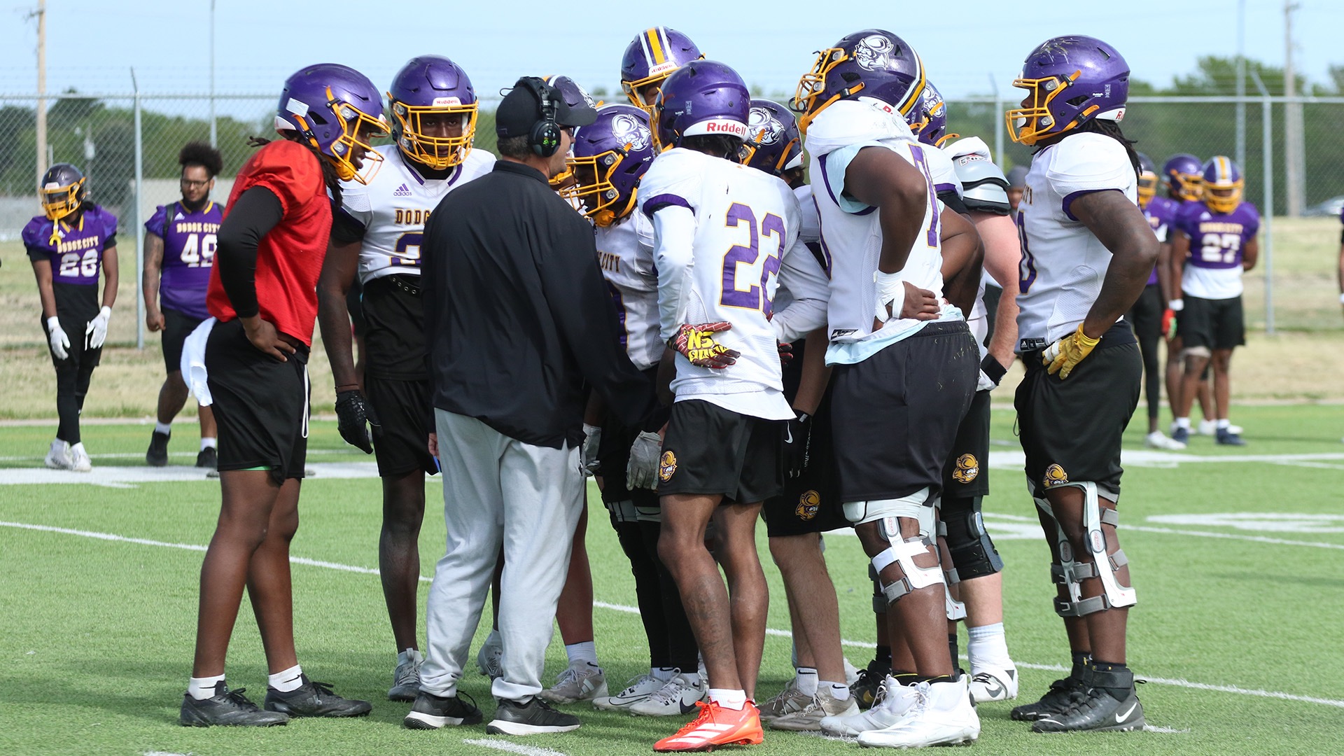 Dodge City CC Football Head Coach, Ryan Lusby coaching up the Conquistadors at spring practice