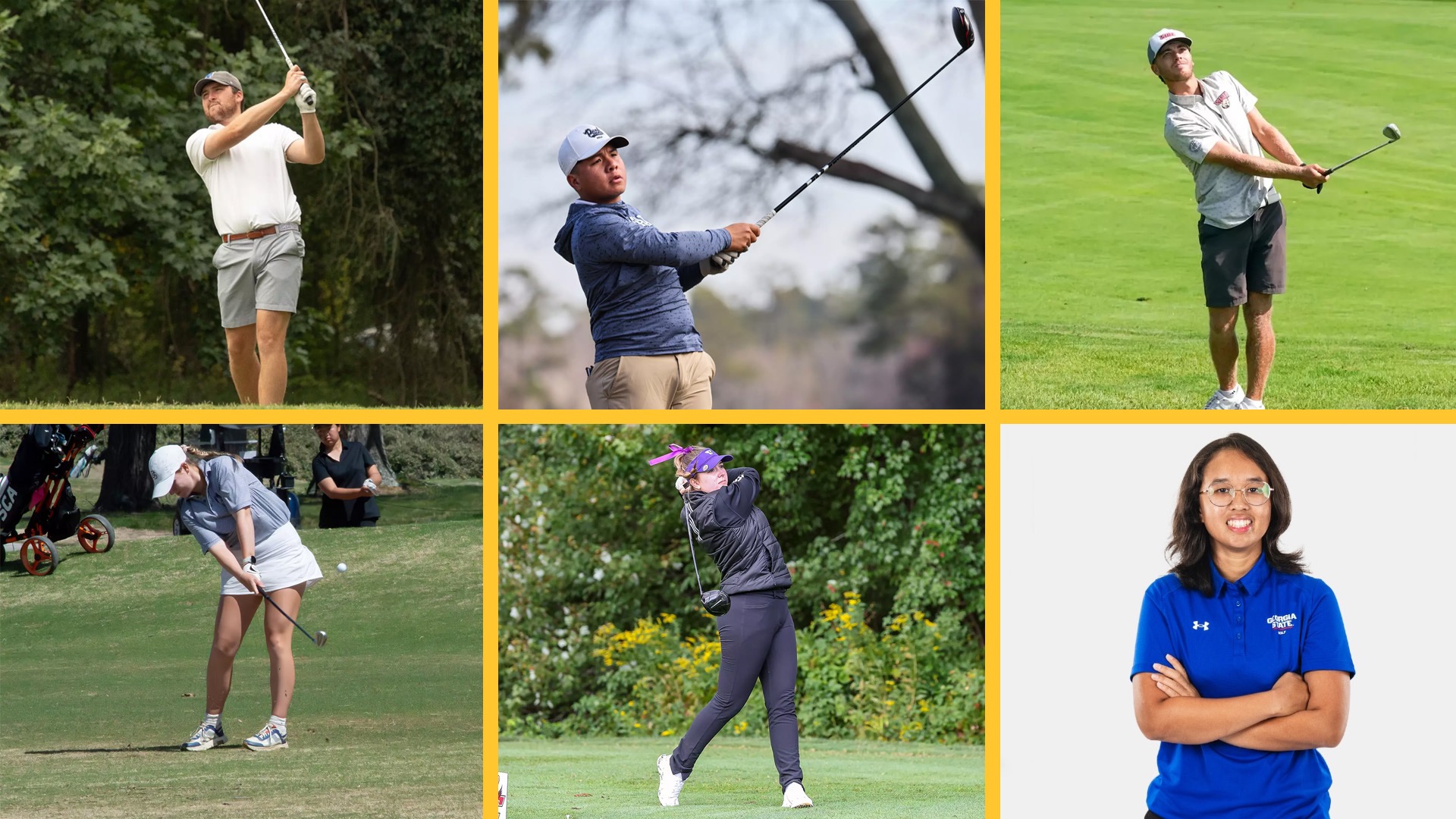 Former Dodge City CC Golfers - (Top row: left to right - George Fricker (Seton Hall), Supakit Seelanagae (Nevada), & Brent Reintjes (SIUE)) (Bottom row: left to right - Tara Phipps (Dalton State), Zoe Miller (Stonehill), & Gaemphuang Ketrahong (Georgia State))