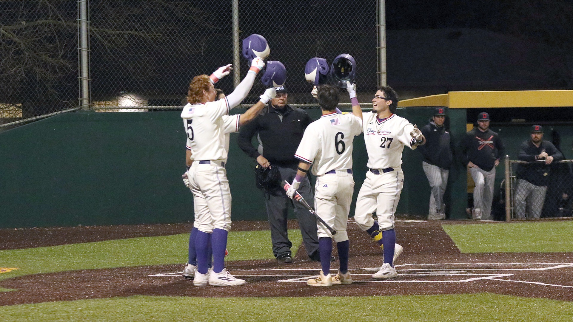 Will Soto, Cameron Stukenborg, & Jonah Andrade celebrating a home run for Dodge City CC Baseball 
