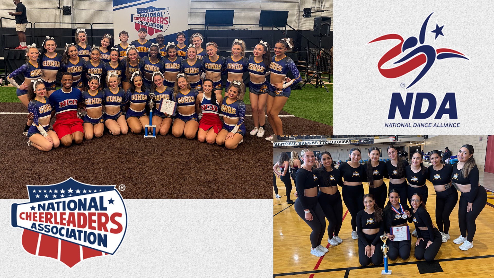 Dodge City CC Cheer (top left) and Dance (bottom right) teams compete at the 2026 NCA and NDA Collegiate Qualifier Camp