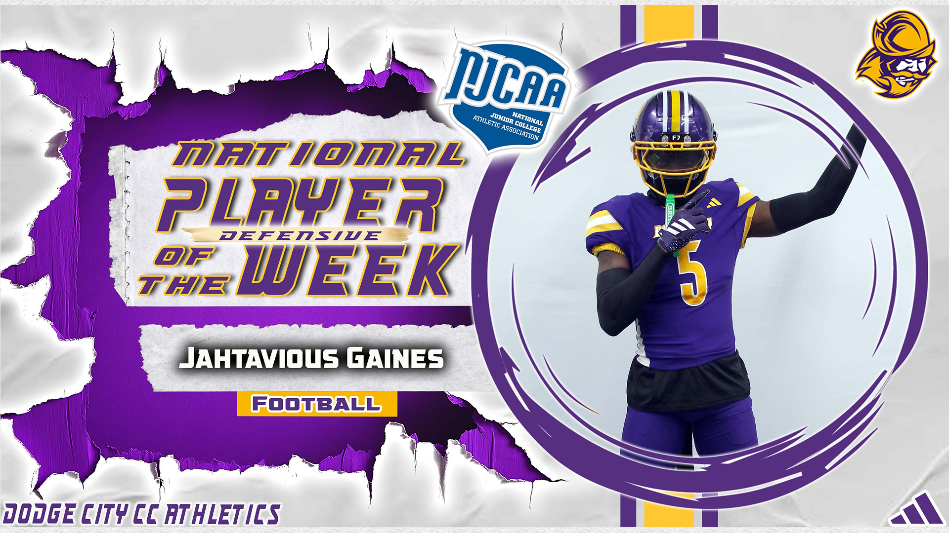Dodge City CC football player, Jahtavious Gaines earned NJCAA Defensive Player of the Week honors