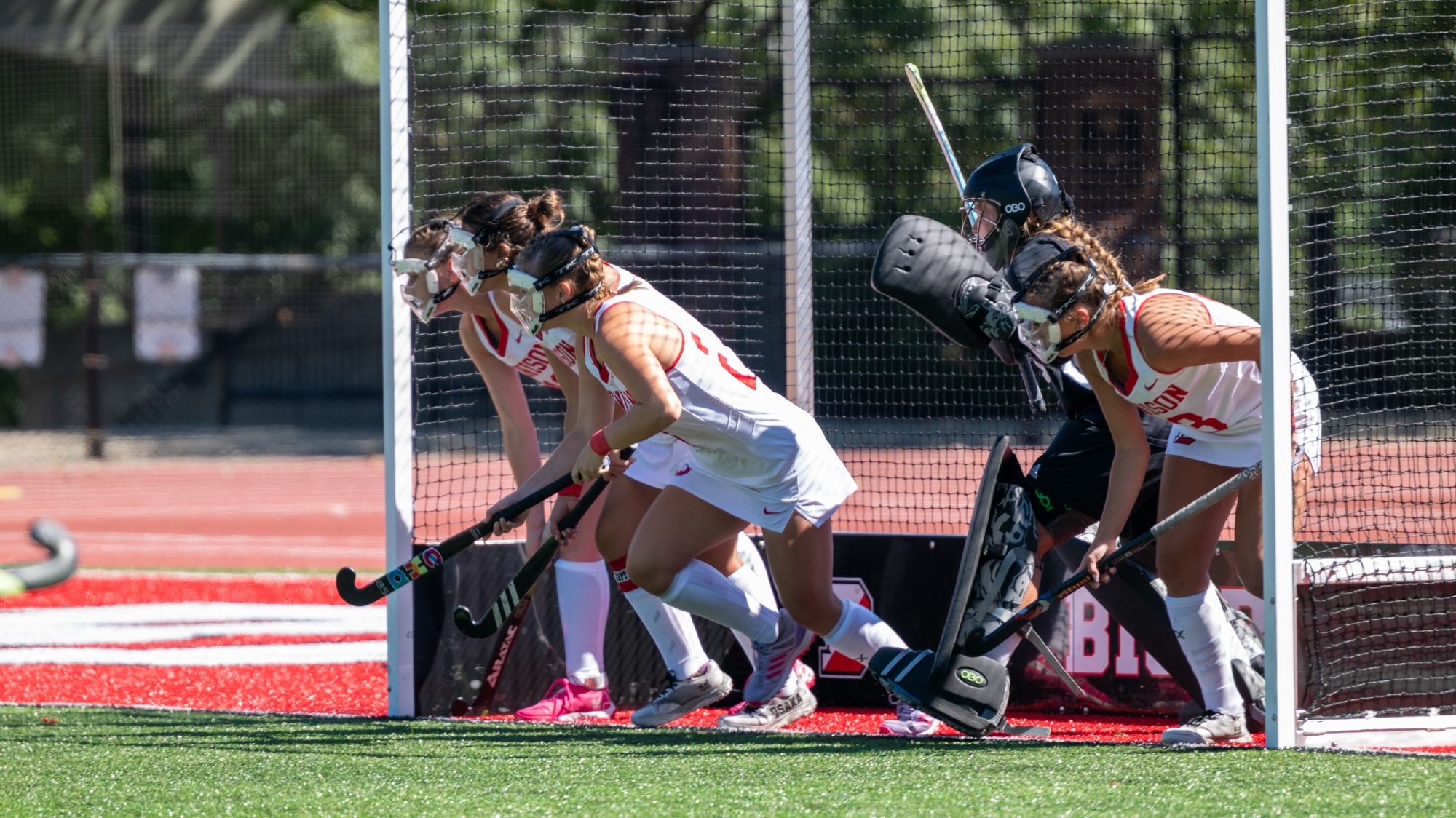 Denison FH in the cage ready to defend a penalty corner