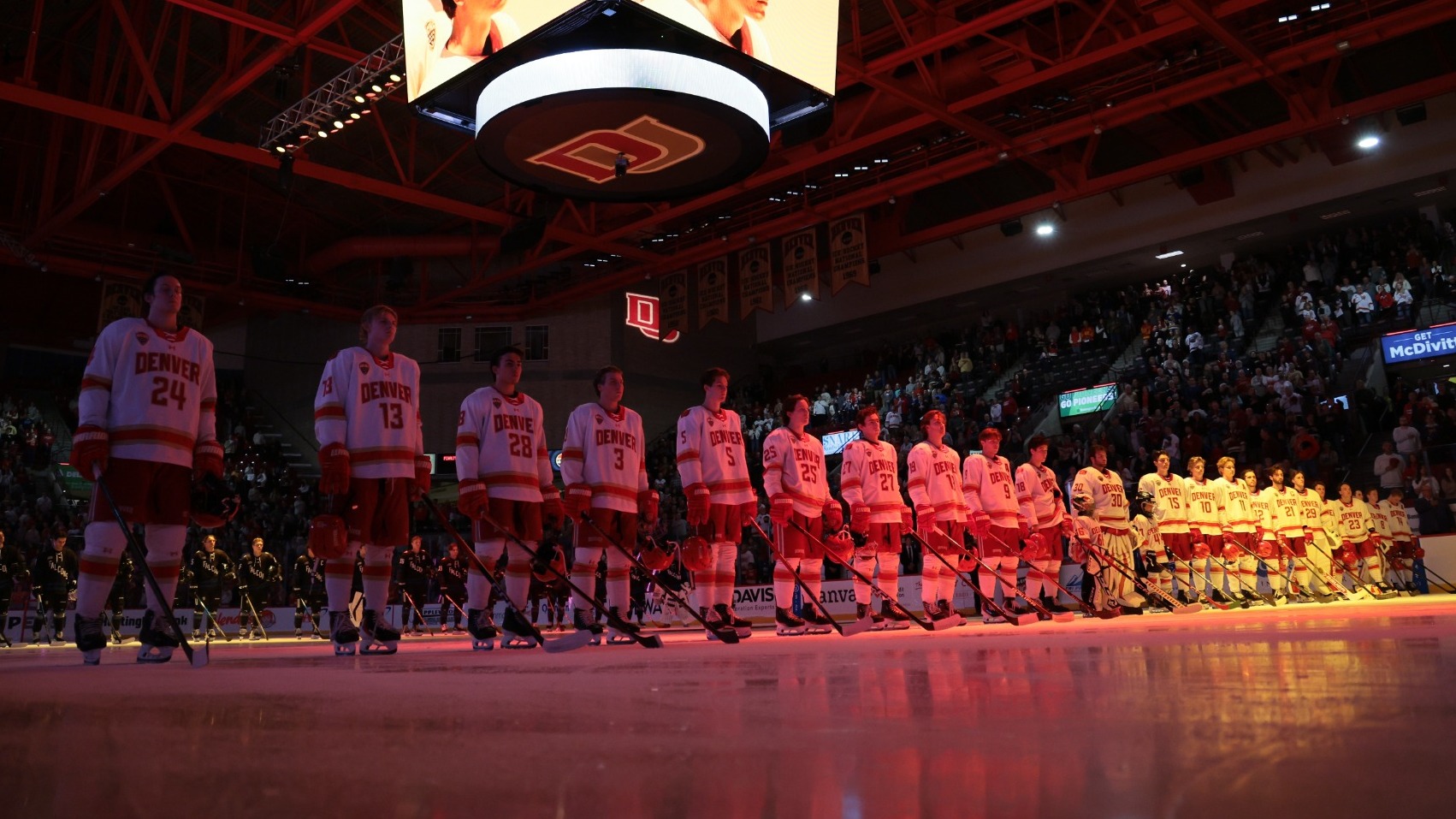 11 OCT 2025: The Denver Pioneers Men’s hockey team takes on the Bentley Falcons in Denver, CO. (C. Morgan Engel/Clarkson Creative Photography)