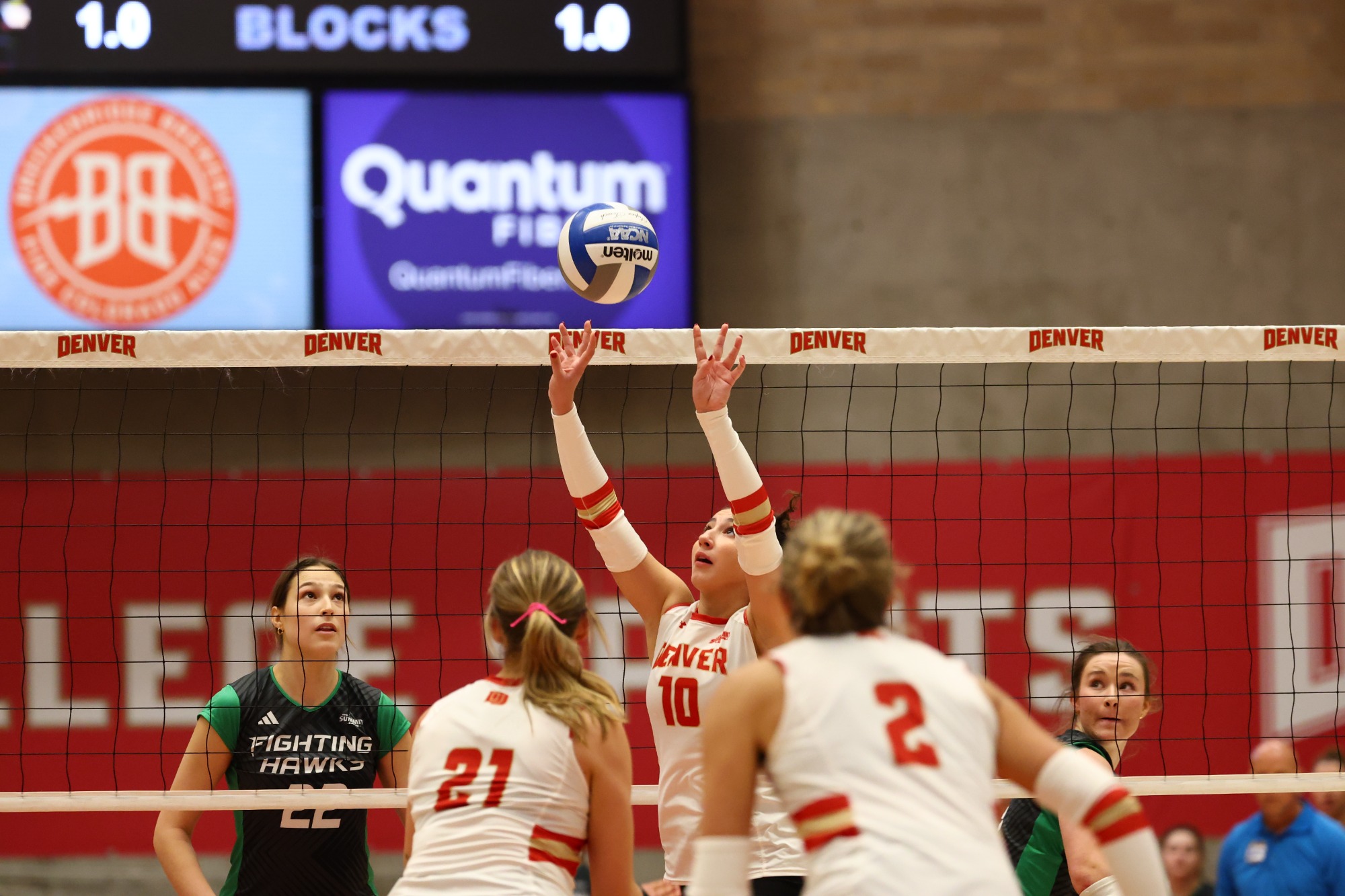 27 SEP 2025: The University of Denver women’s volleyball team takes on North Dakota at Hamilton Gymnasium in Denver, CO. Justin Tafoya/Clarkson Creative Photography