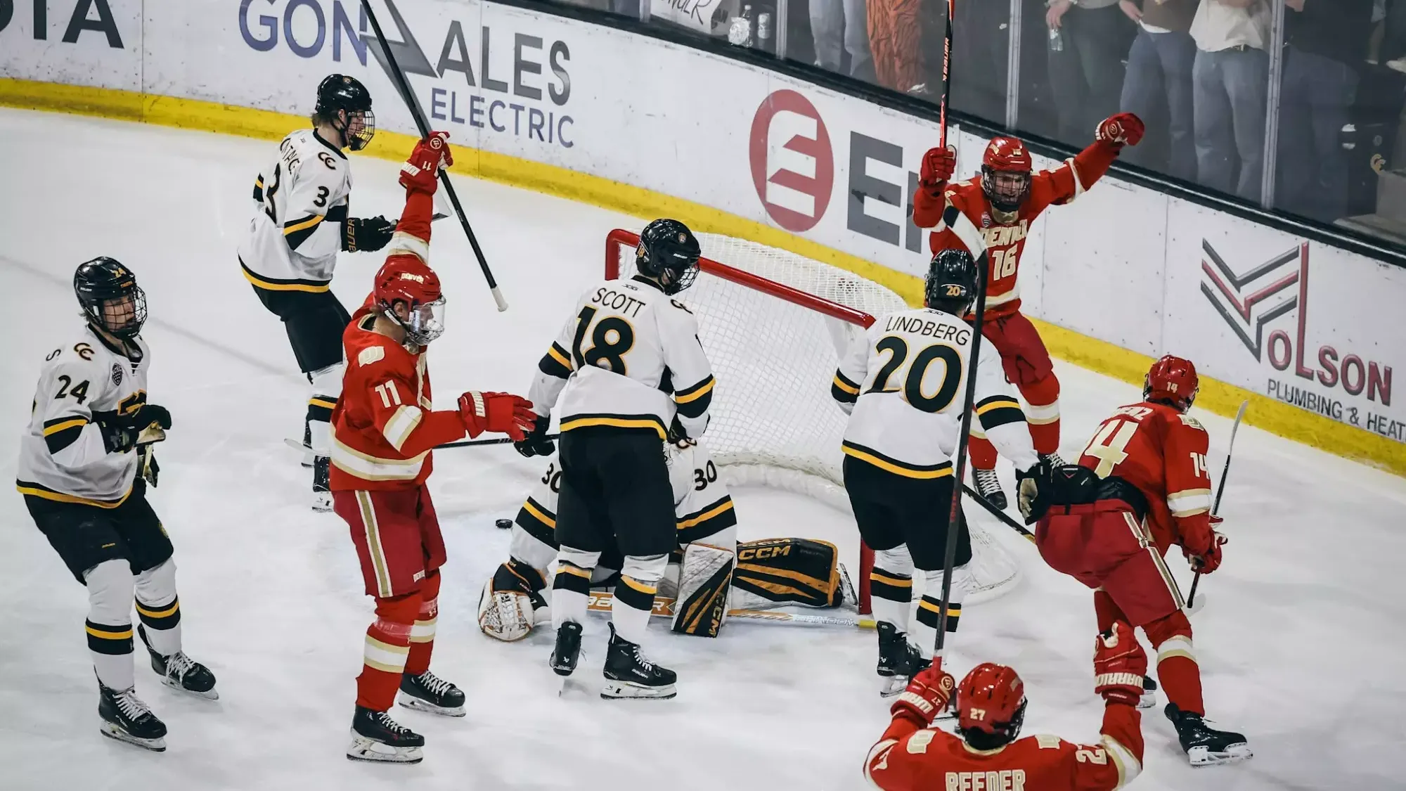 Kyle Chyzowski Rieger Lorenz celebrate Colorado College 2026 February 6