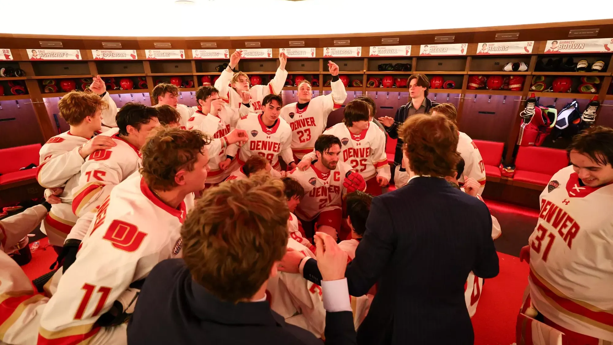DENVER, COLORADO - FEB 27: The Denver Pioneers men’s ice hockey team takes on Arizona State at Magness Arena in Denver, Colorado. (Photo by C. Morgan Engel/Clarkson Creative Photography)