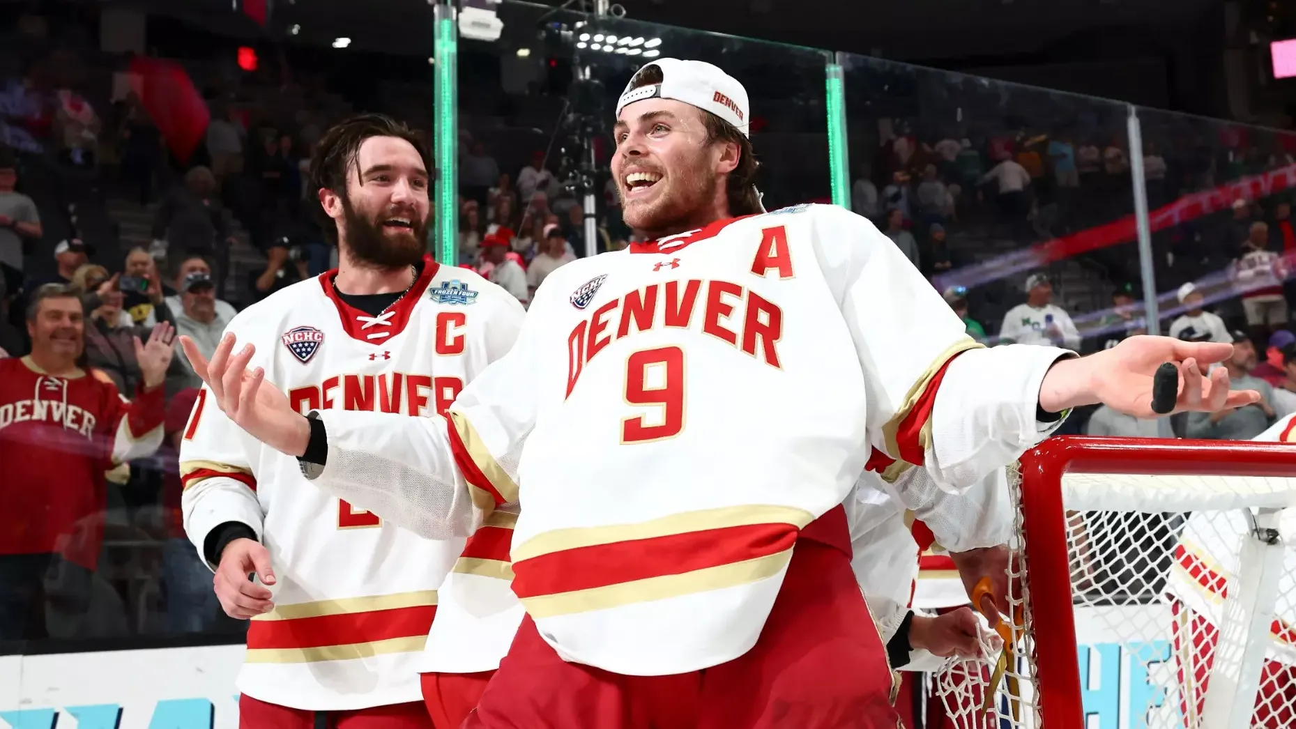 LAS VEGAS, NEVADA - APRIL 11: Boston Buckberger #9 of the Denver Pioneers reacts after cutting the net after defeating the Wisconsin Badgers during the Division I Men's Ice Hockey Championship held at T-Mobile Arena on April 11, 2026 in Las Vegas, Nevada. (Photo by Tanner Pearson/NCAA Photos via Getty Images)