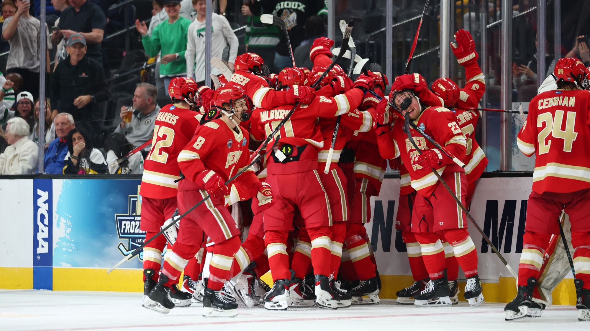 Denver Hockey celebrates Kent Anderson's Game-Winning Goal in the Frozen Four Semifinals