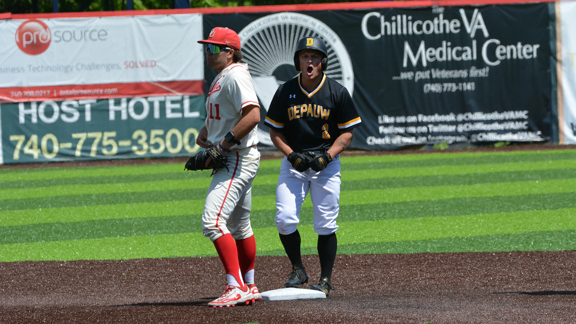 Max Bond celebrates an eighth-inning double against Denison