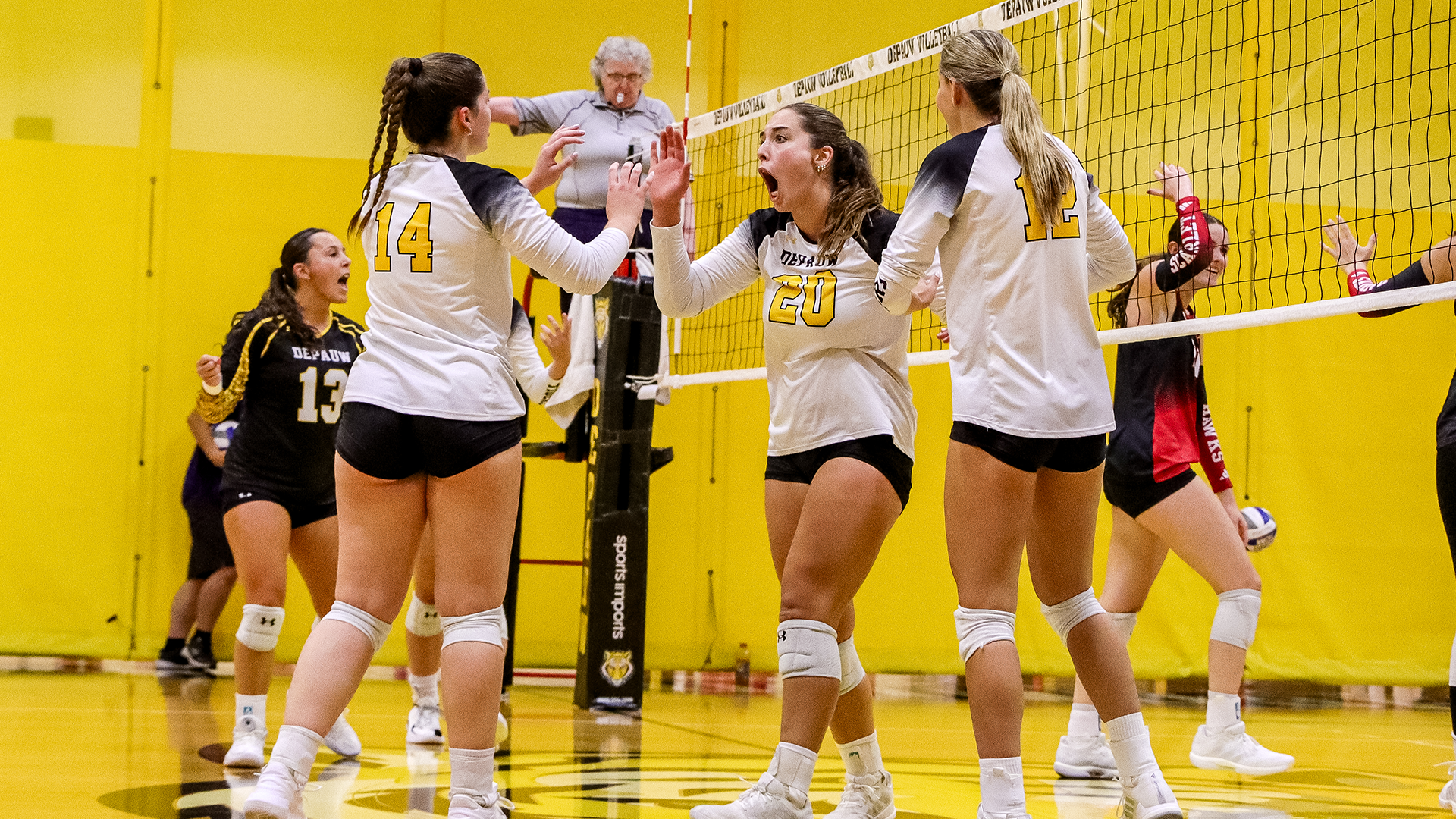 DePauw volleyball celebration