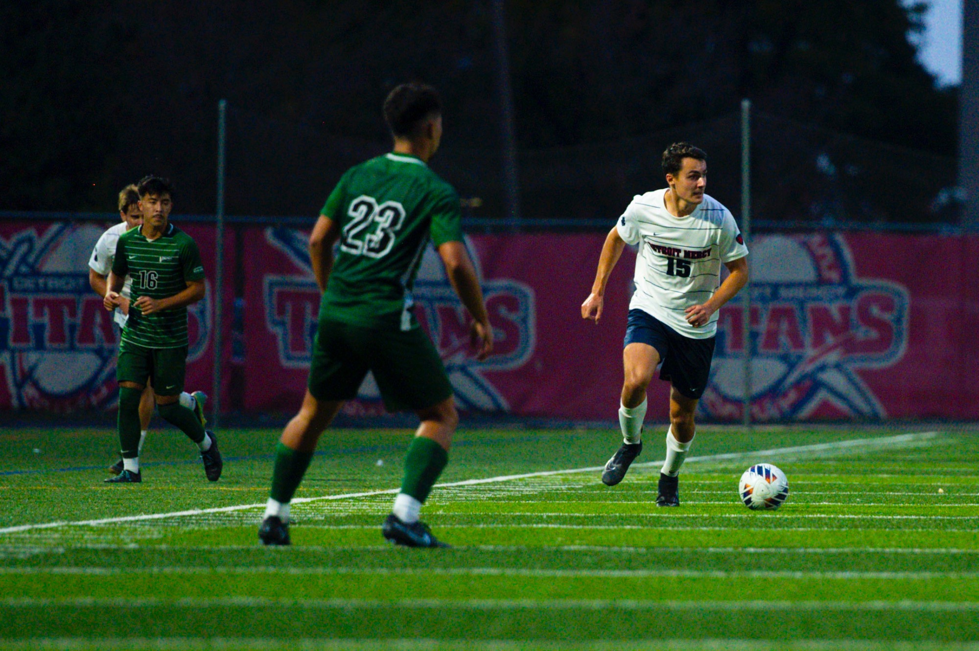 Ryan Sommerfeld, graduate forward, brings the ball forward.