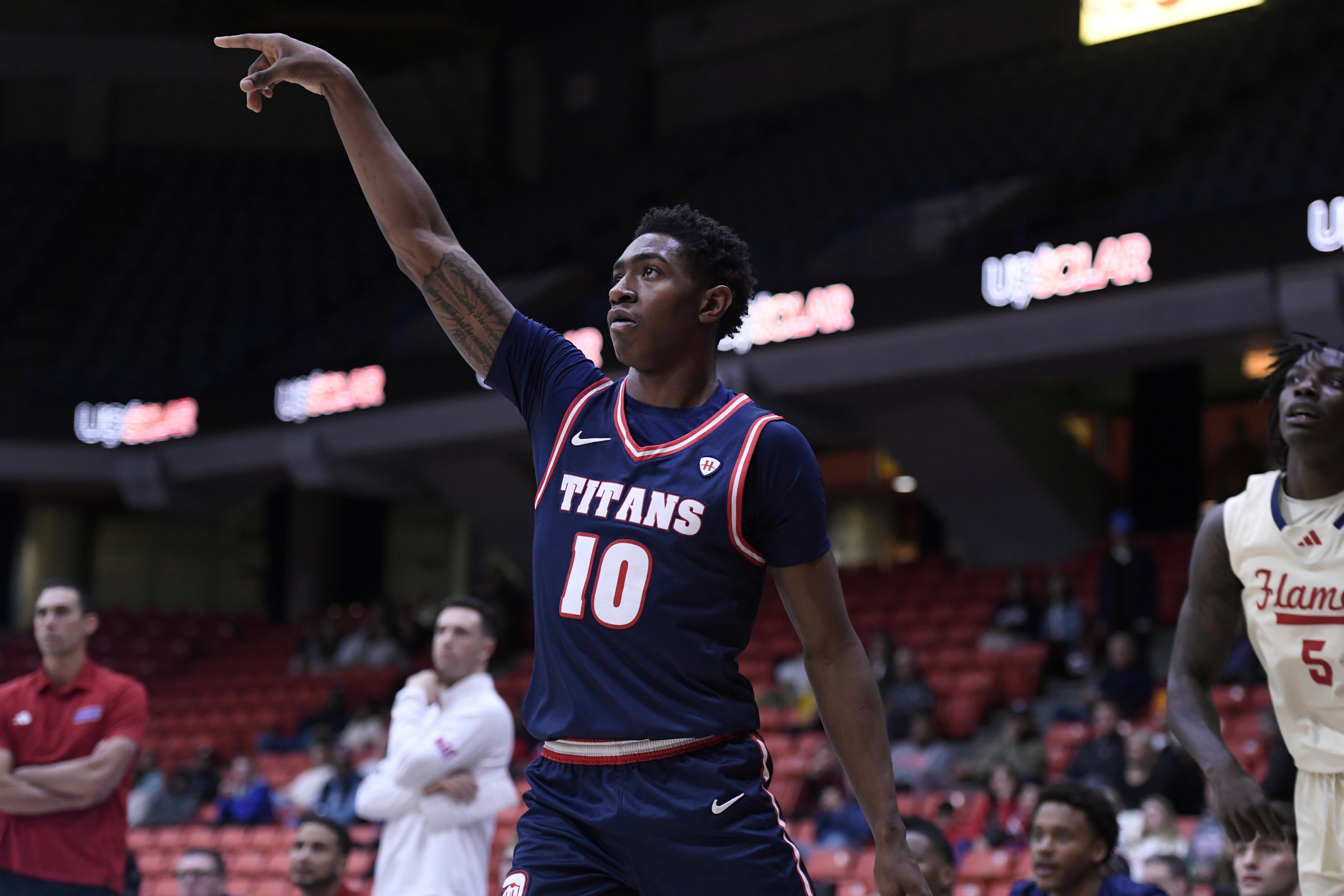 Detroit Mercy guard Nate Johnson (10) watches after taking a shot against UIC in the first half, Monday, Nov. 3, 2025, in a game played at Credit Union 1 Arena in Chicago, IL.