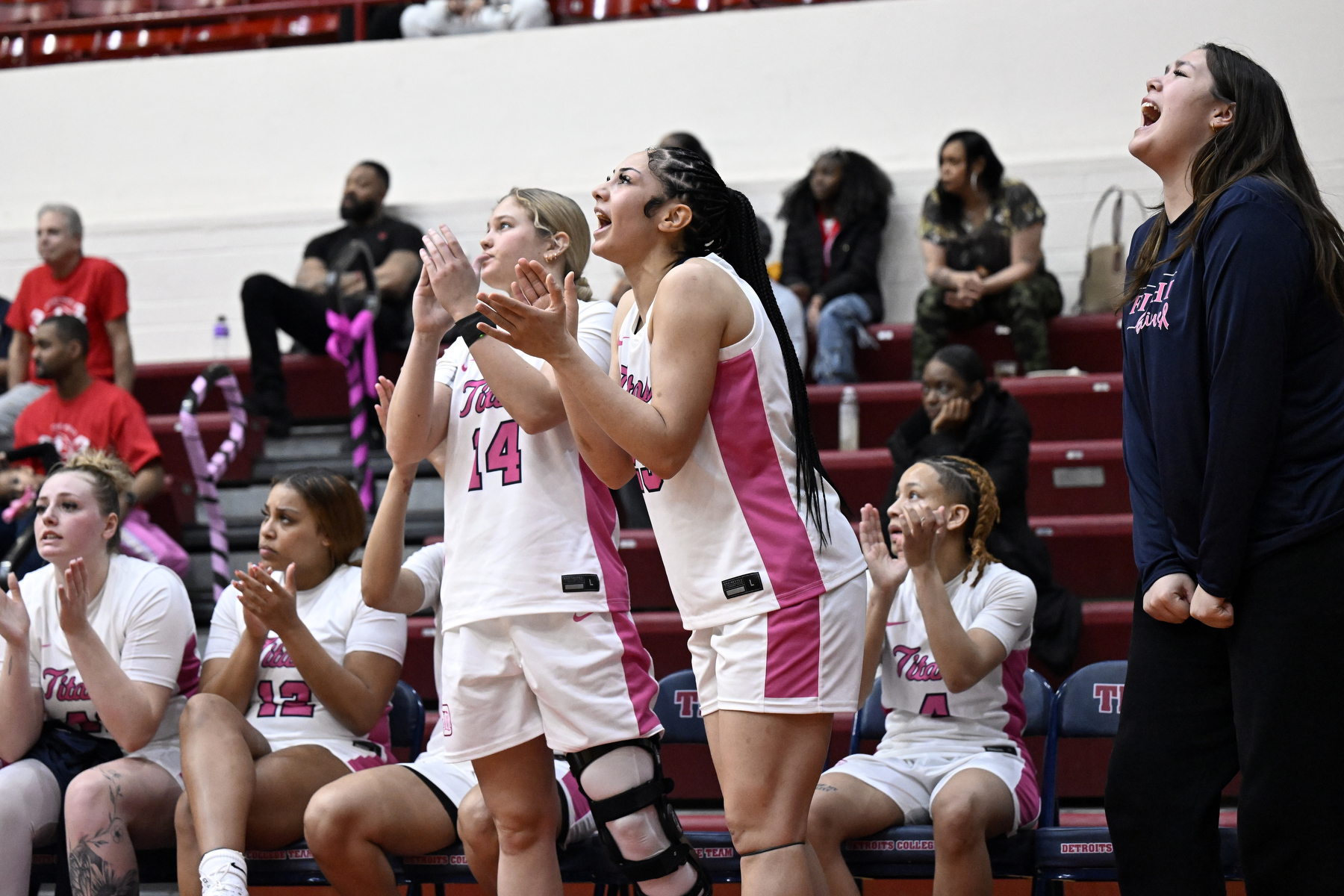 The Detroit Mercy women’s basketball bench cheer on their teammates against Purdue Fort Wayne, Saturday, February 14, 2026, in Detroit.