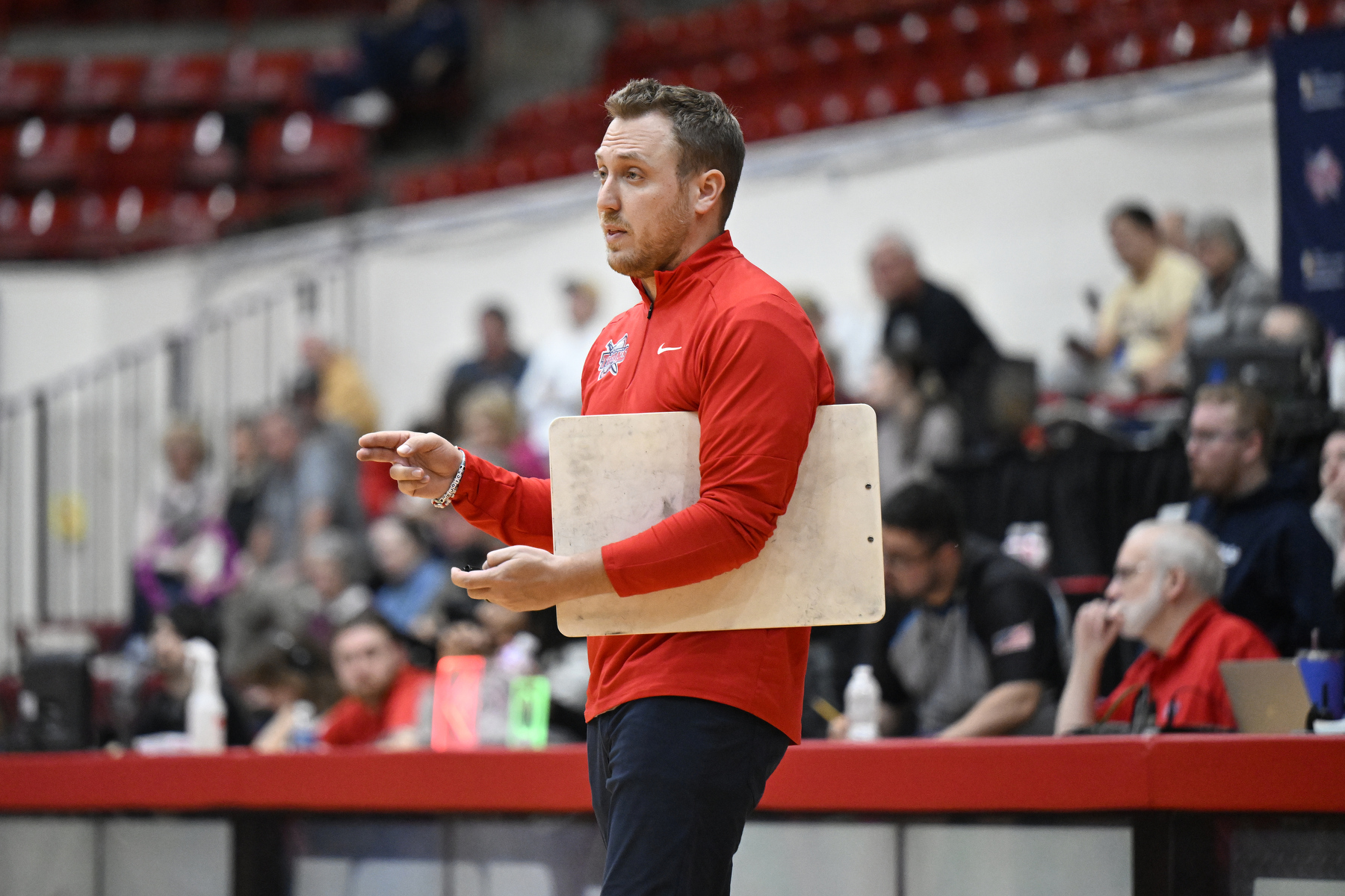 Detroit Mercy womens basketball head coach Kiefer Haffey gives instructions to his team during a break against Purdue Fort Wayne, Saturday, February 14, 2026, in Detroit.