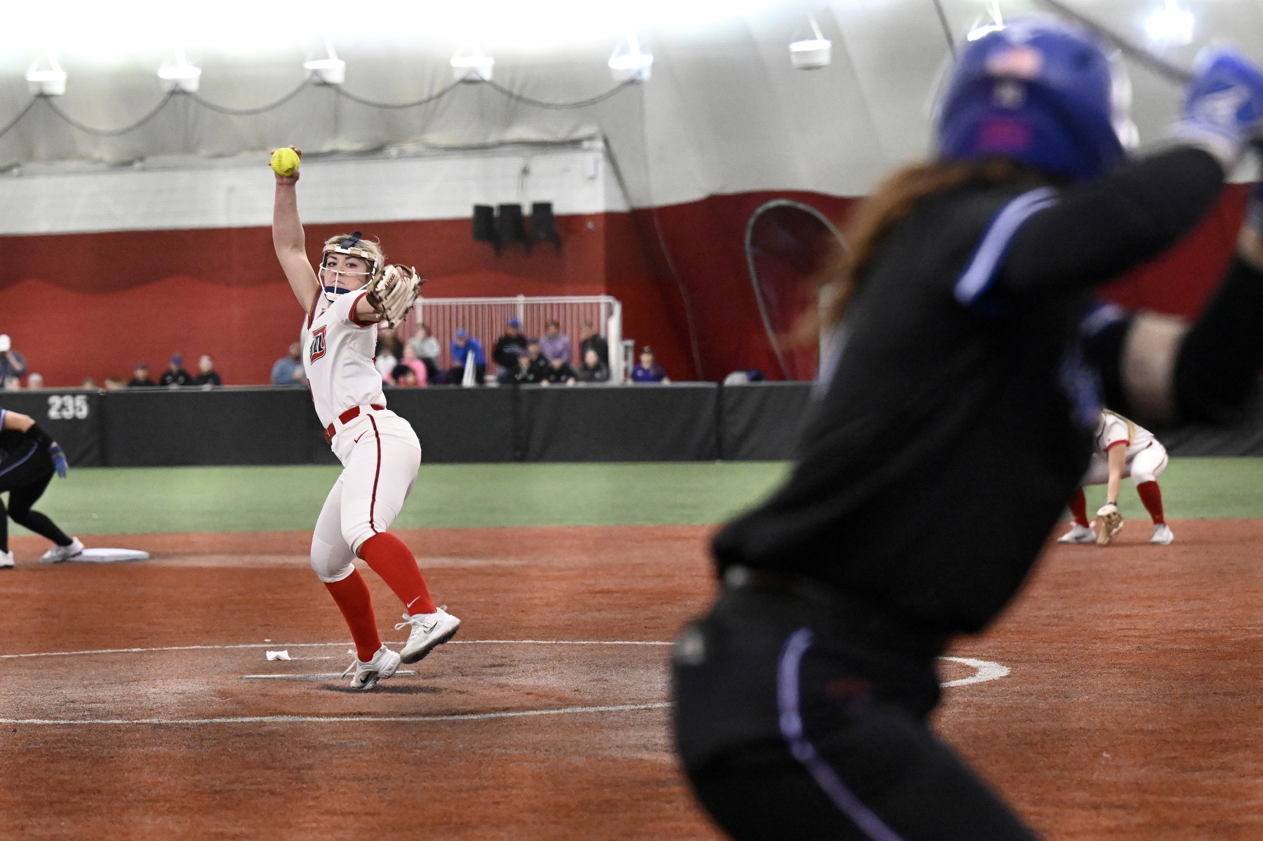 Detroit Mercy starting pitcher Savannah Schultz (00) throws against DePaul University, Friday, February 6, 2025, at The Dome at the Parkway Bank Sports Complex in Rosemont, IL.