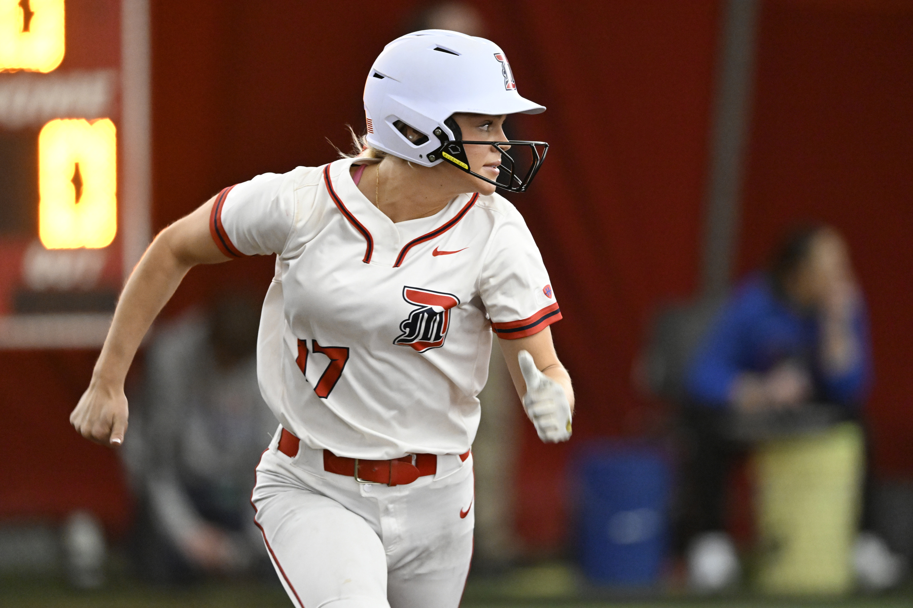 Detroit Mercy’s Hannah Schlachter (17) runs to first base against DePaul University, Friday, February 6, 2025, at The Dome at the Parkway Bank Sports Complex in Rosemont, IL.