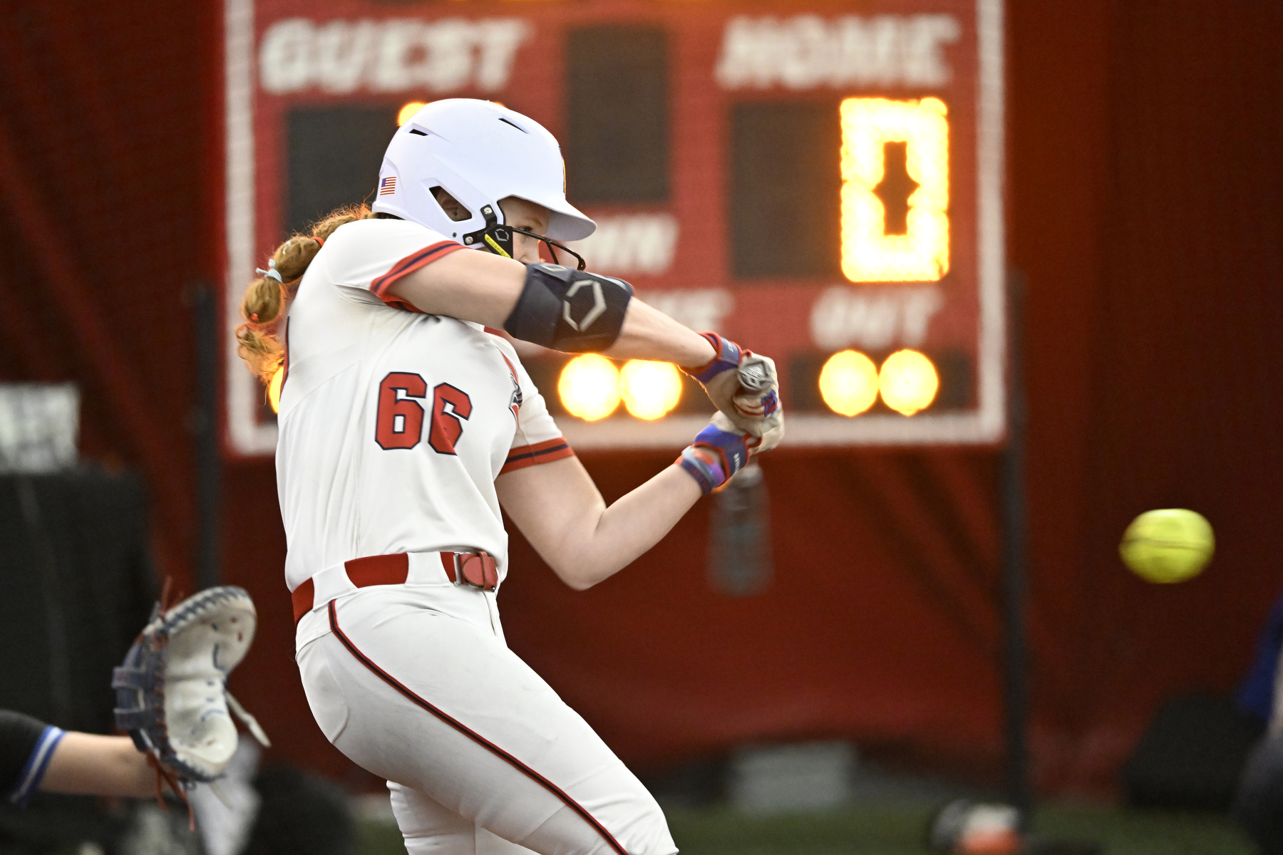 Detroit Mercy’s Mia Hubbell (66) bats against DePaul University, Friday, February 6, 2025, at The Dome at the Parkway Bank Sports Complex in Rosemont, IL.