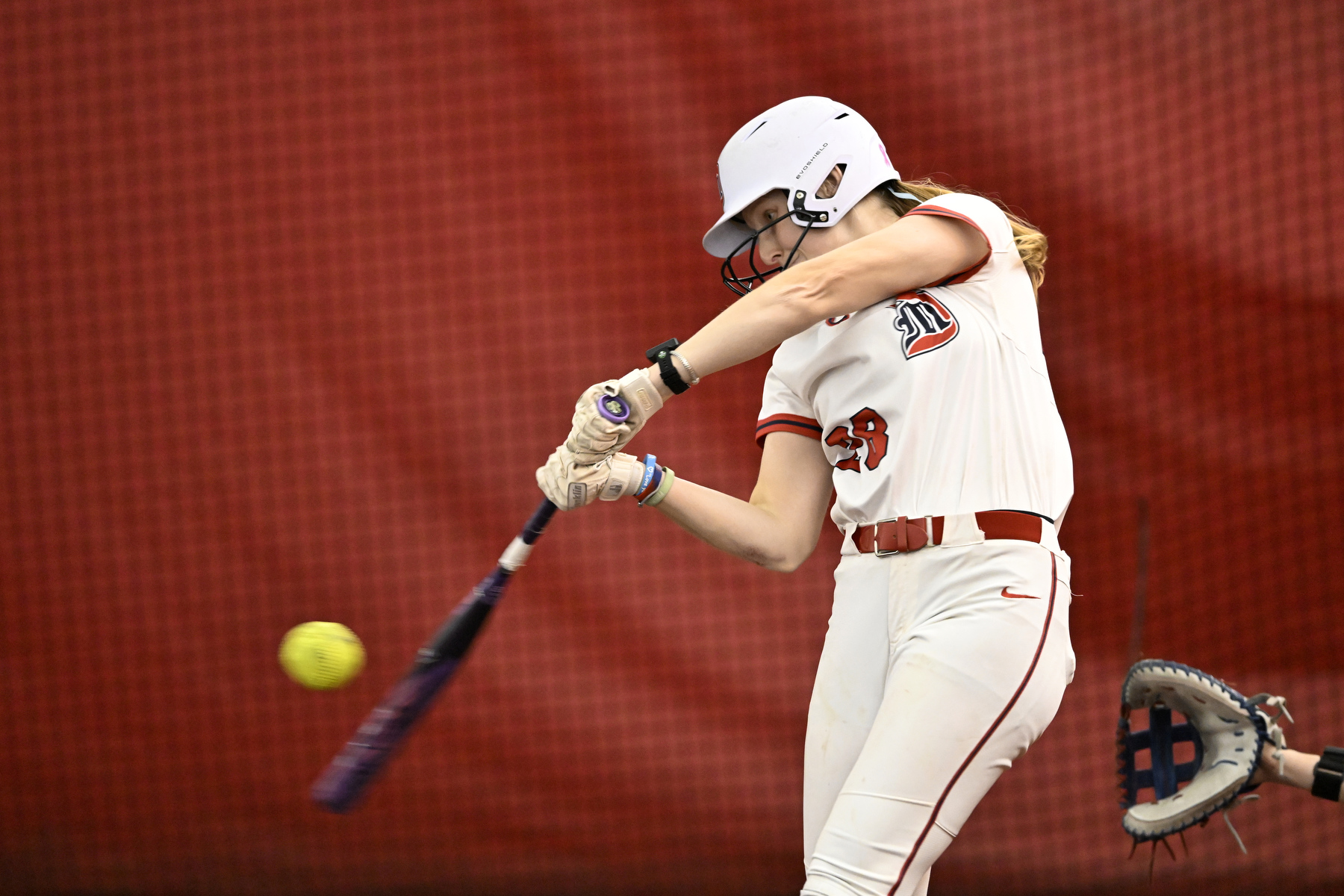 Detroit Mercy’s Abby Klaft (28) bats against DePaul University, Friday, February 6, 2025, at The Dome at the Parkway Bank Sports Complex in Rosemont, IL.