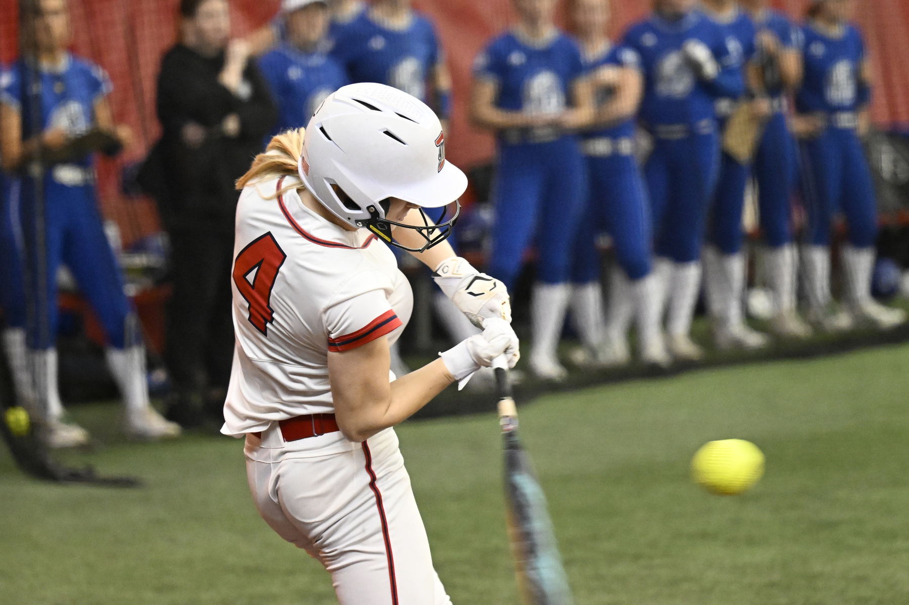 Detroit Mercy shortstop Jada Davis (4) bats against Drake University, Friday, February 6, 2025, at The Dome at the Parkway Bank Sports Complex in Rosemont, IL.