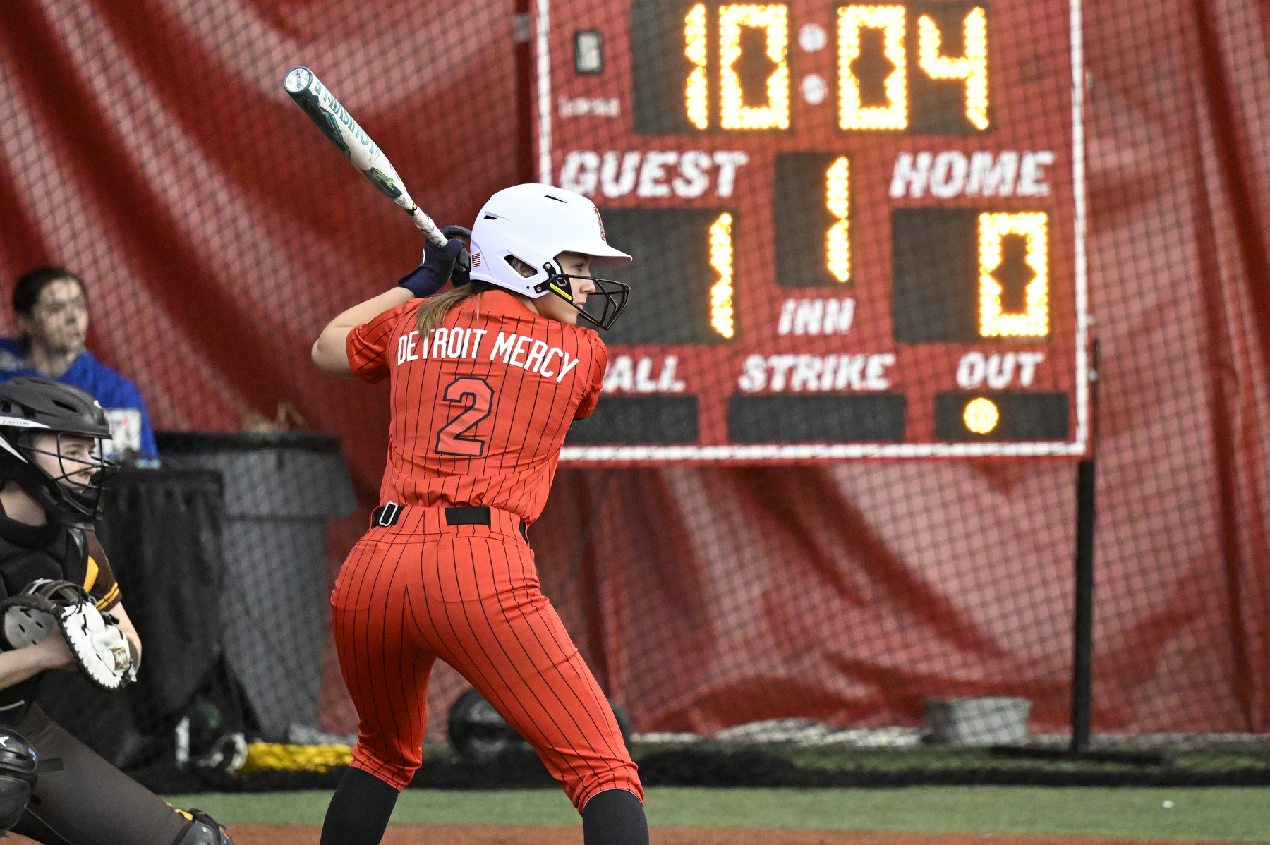 Detroit Mercy center fielder Jenna Higgins (2) bats against Valparaiso, Saturday, February 7, 2026, at The Dome at the Parkway Bank Sports Complex in Rosemont, IL.