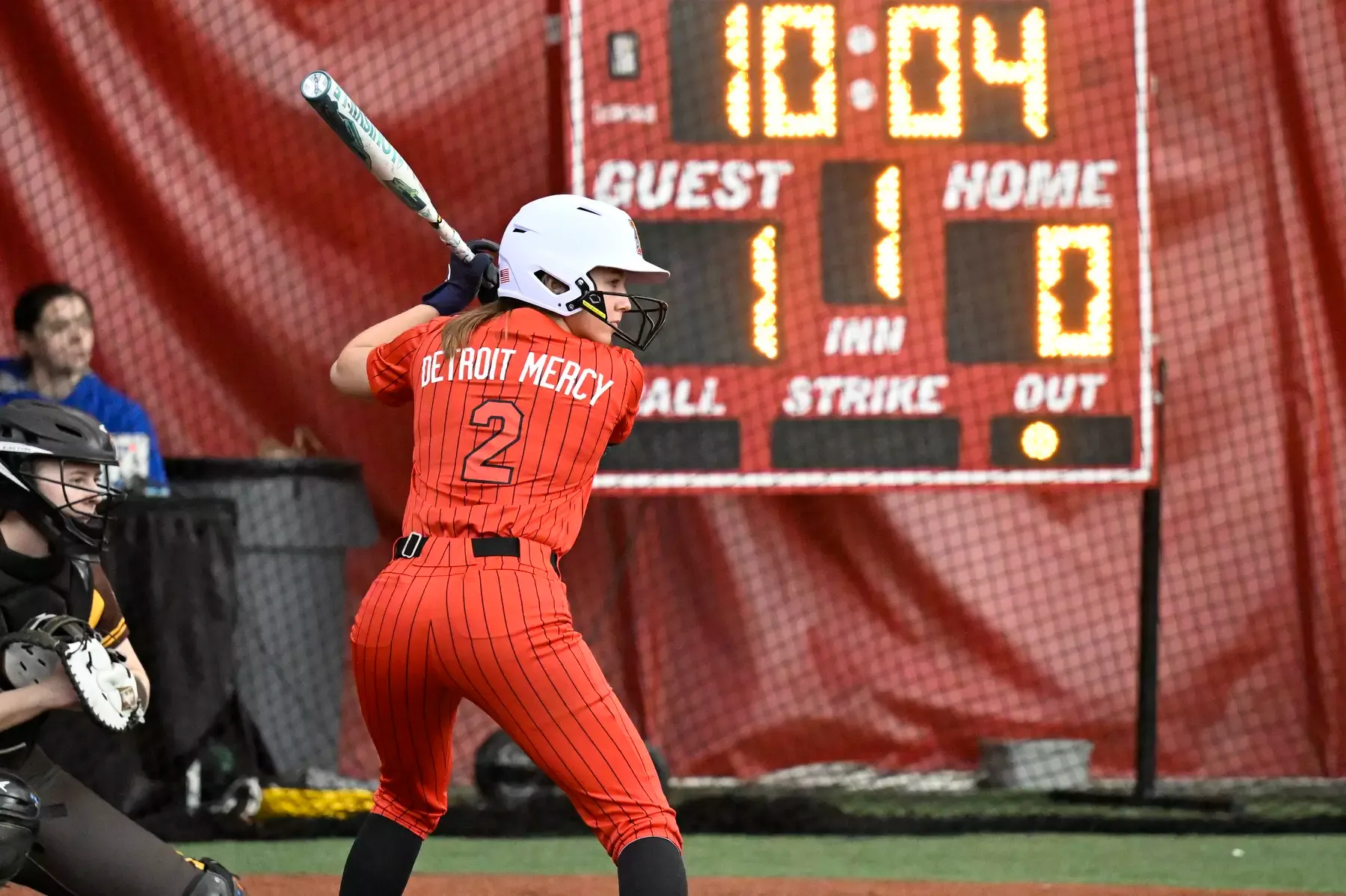 Detroit Mercy center fielder Jenna Higgins (2) bats against Valparaiso, Saturday, February 7, 2026, at The Dome at the Parkway Bank Sports Complex in Rosemont, IL.